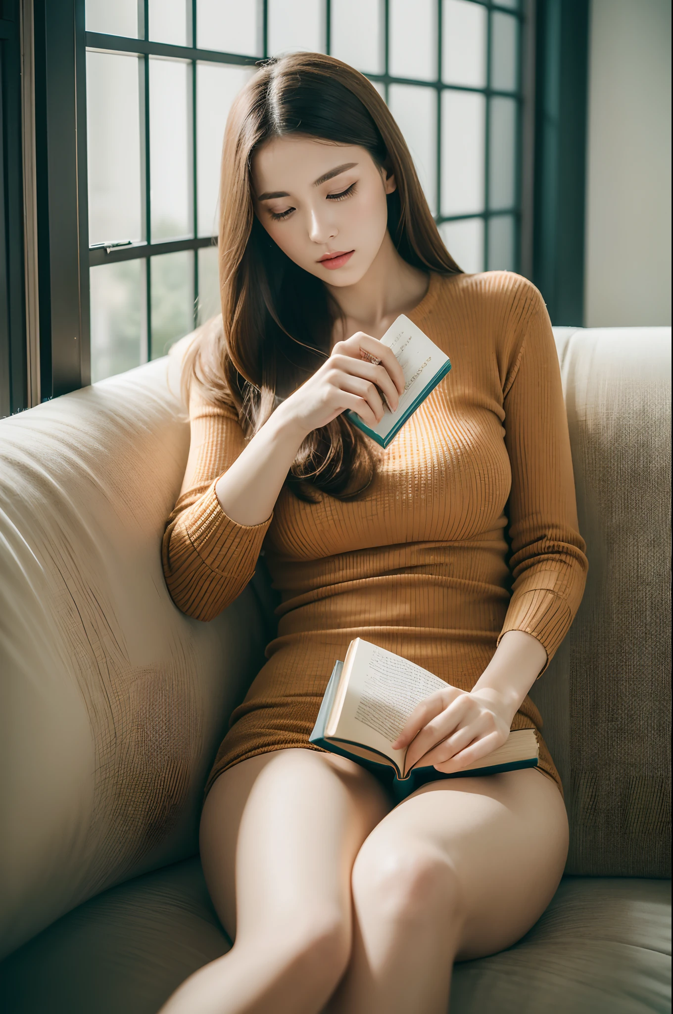 Indoor Photography, Super Realistic, Masterpiece, RAW photography, 28 year old Woman reading a book，Wear mature and decent clothing, Elegantly sitting on the sofa reading a book，Screen manipulative rest，The mature beauty of women is particularly dazzling。
