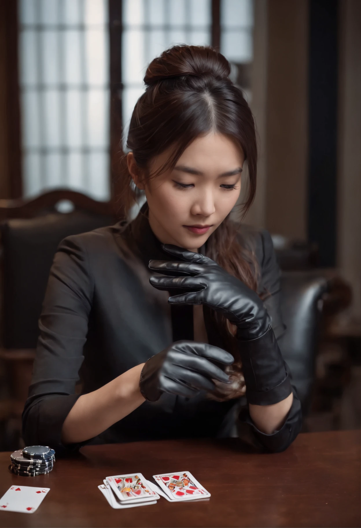 A young Japanese woman with a black suit up to a shirt and playing cards with black leather gloves on both hands