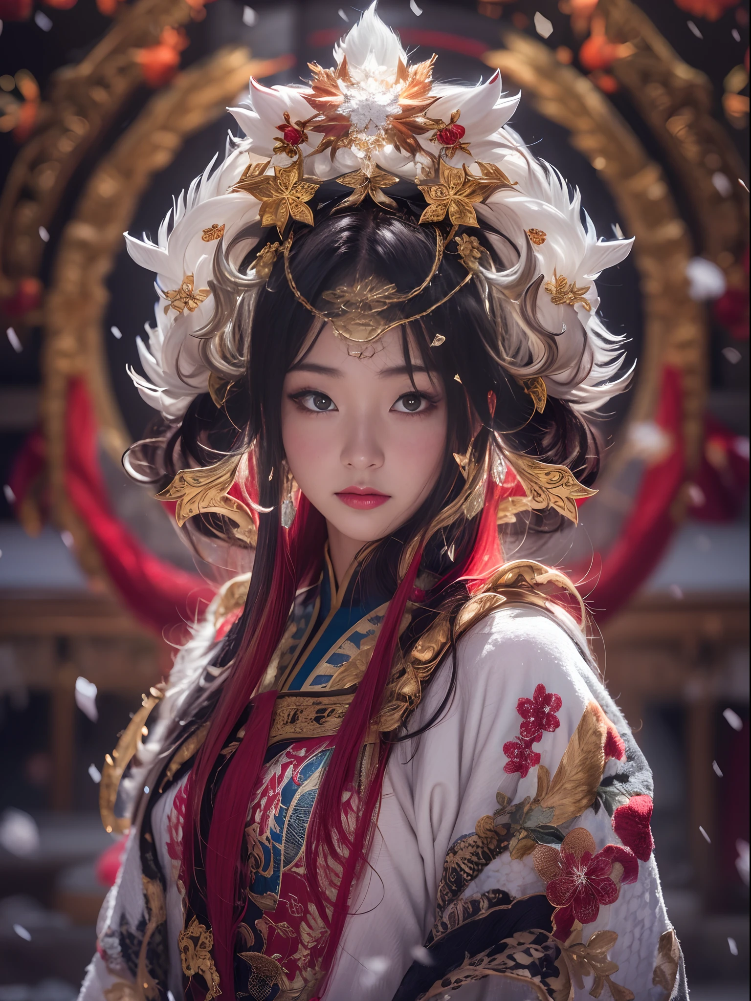 Chinese Tibetan girl, flowing hair, burgundy hair, Onsen District, Flame Girl, Yao Lang protector, python pattern robe, Black gold master Kawashima work headdress, gradient glass texture, ultra-realistic, (masterpiece, hyper HD, 32K), Snowflakes fluttering, high resolution, detailed, RAW photograph, Nikon D850 Film Stock Photo by Jefferies Lee 4 Kodak Portra 400 Camera F1.6 shots, cinestill 800 film, Rich colors, vivid textures, Dramatic lighting, Unreal Engine, trending on ArtStation