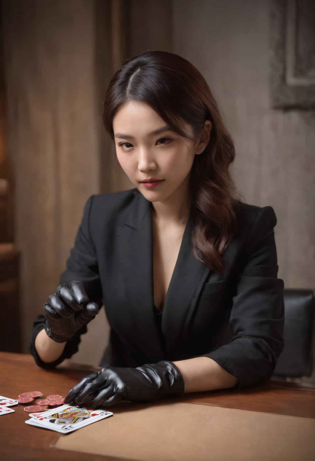 A young Japanese woman with a black suit up to a shirt and playing cards with black leather gloves on both hands