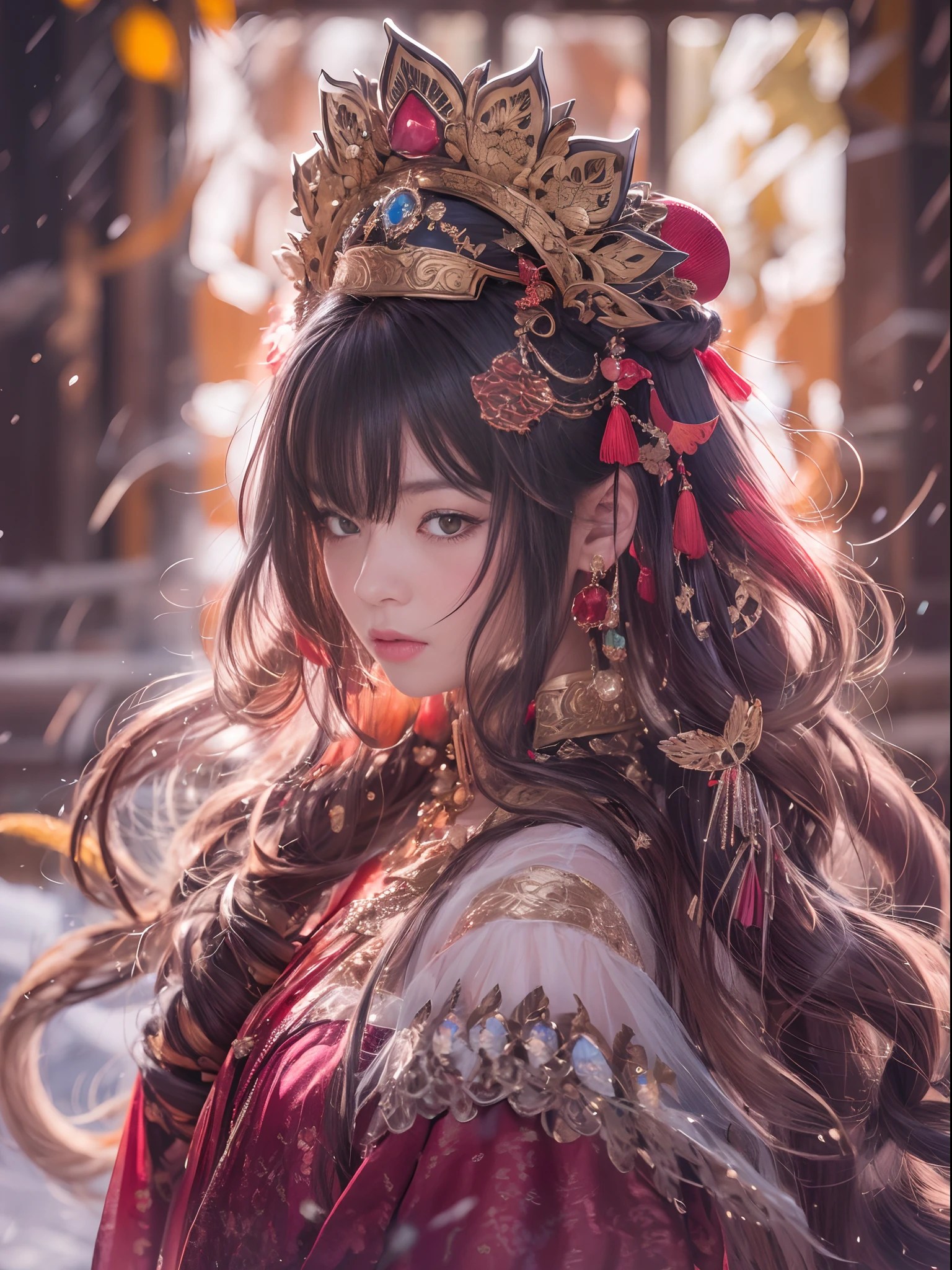 Chinese Tibetan girl, flowing hair, burgundy hair, Onsen District, Flame Girl, Yao Lang protector, python pattern robe, Black gold master Kawashima work headdress, gradient glass texture, ultra-realistic, (masterpiece, hyper HD, 32K), Snowflakes fluttering, high resolution, detailed, RAW photograph, Nikon D850 Film Stock Photo by Jefferies Lee 4 Kodak Portra 400 Camera F1.6 shots, cinestill 800 film, Rich colors, vivid textures, Dramatic lighting, Unreal Engine, trending on ArtStation