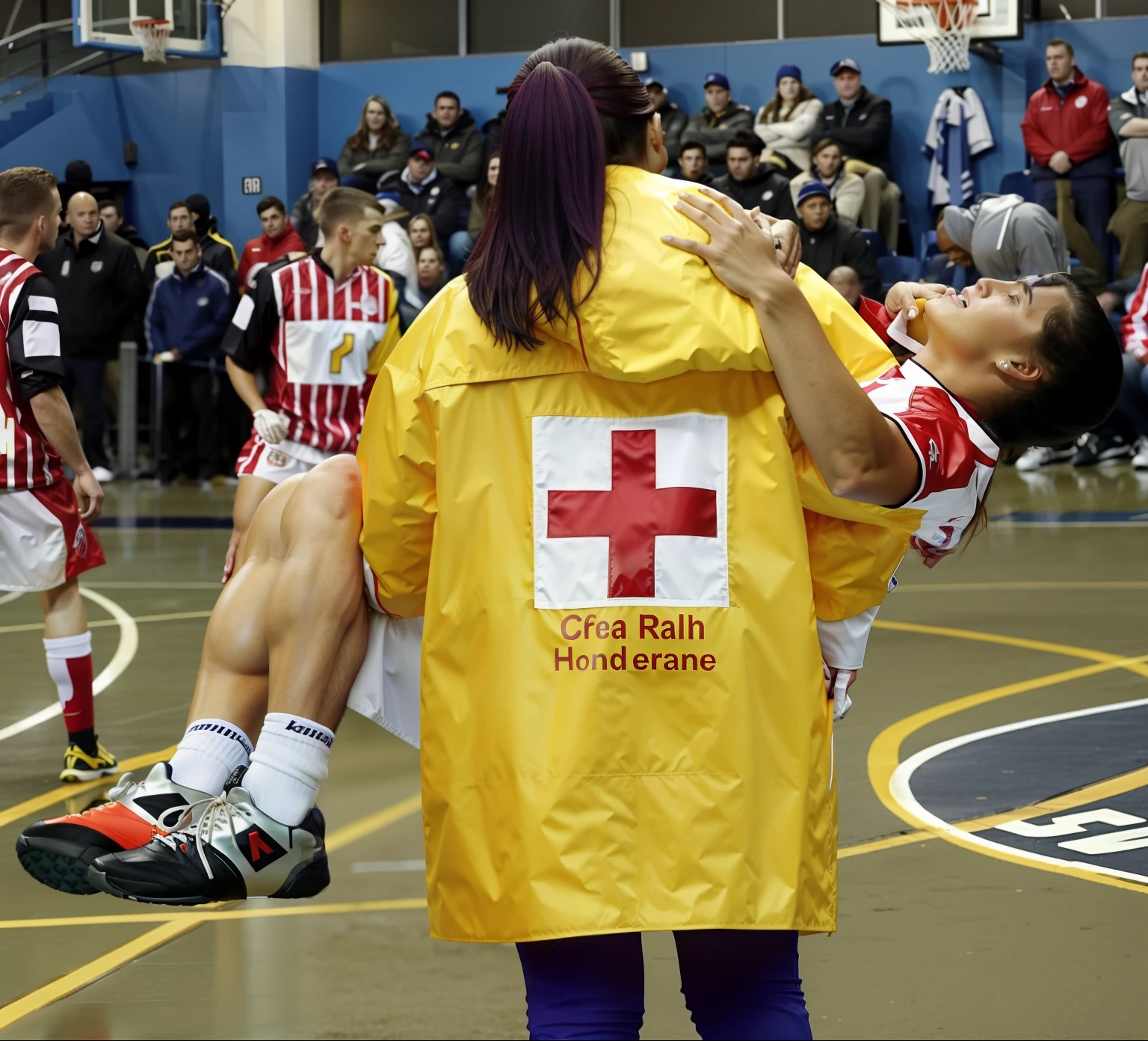 a glossy yellow laquered red-crossjacket, a laquered yellow red-cross-rain-jacket, a shiny yellow uniform-jacket, a high shine yellow plastic ,coat, a yellow friesennerz, in the center of the picture stands with her back to us a blonde young woman in a very shiny yellow coat, the woman in the yellow raincoat stands on the playing field of a crowded sports hall, the woman in the shiny yello rain coat turns her back to us and is holding a man in front of her in short and very dull sportswear in her arms, the blonde woman in the raincoat carries an injured athlete away from us, to the left of the blonde woman's back you can see the athlete's male legs hanging over the woman's arm, to the right of the blonde woman's back you can see In profile you can see the upper body and head of the injured man whose gaze is distorted in pain and directed upwards towards the ceiling, the athlete's husband on the right grabs the blonde woman's shoulder with his arm, very painful scene, sports injury, severe pain, a woman is carrying one man on the arm, a man is injured and has to be carried, compassion, photo, ultra-realistic shot, sports photography