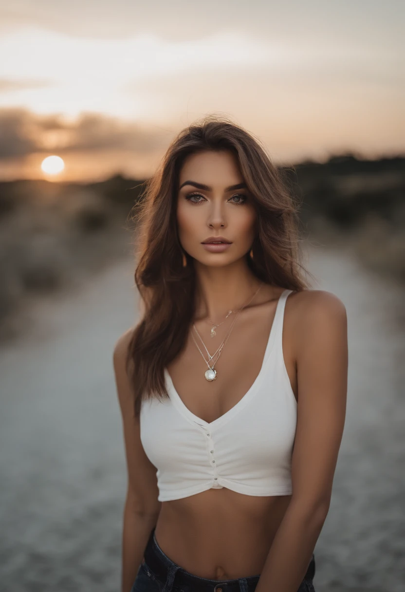 Arafed woman with a white tank top and necklace, fille sexy aux yeux marron, Portrait Sophie Mudd, cheveux bruns et grands yeux, selfie of a young woman, Yeux de chambre, Violet Myers, sans maquillage, maquillage naturel, looking straight at camera, Visage avec Artgram, Maquillage subtil, Superbe photo du corps entier, Piercing brown eyes