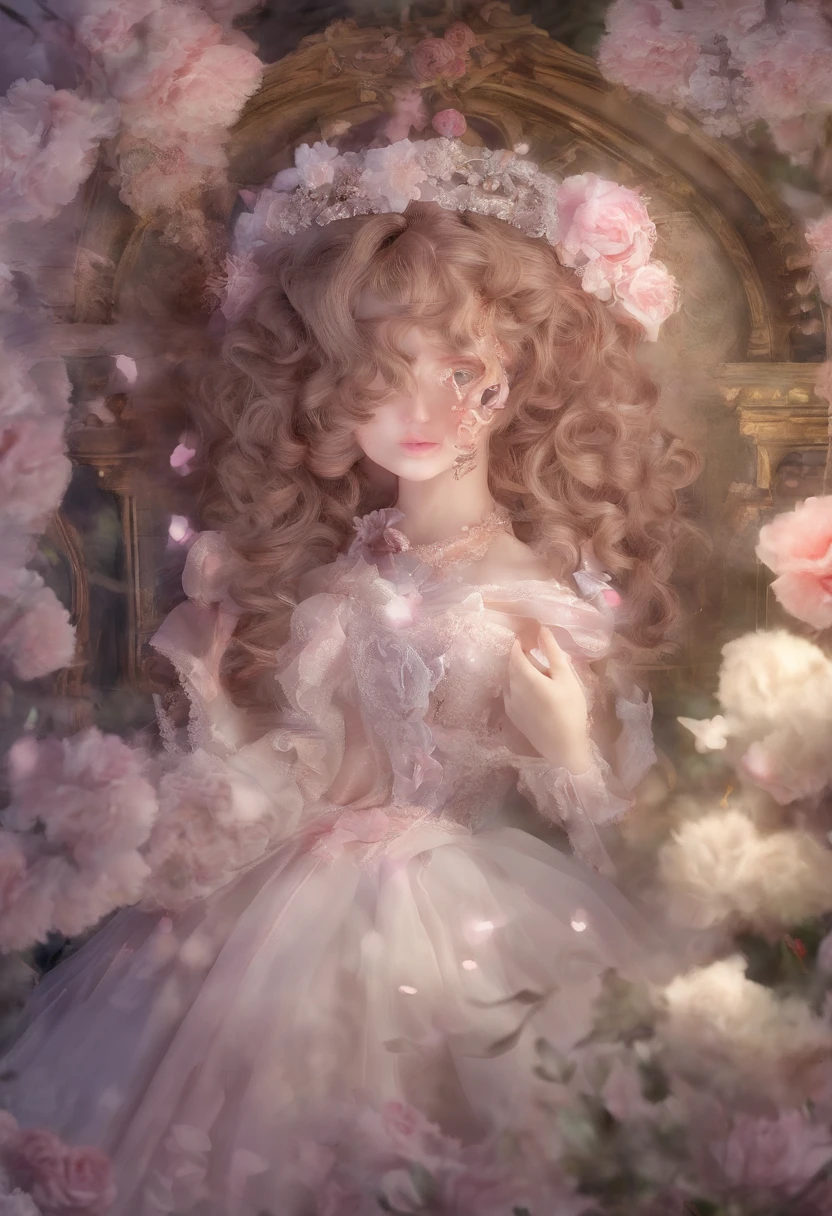 Madame of the French court,Rococo fluffy skirt,(Extremely Delicately Beautiful:1.2),8K,(tmasterpiece:1.0),(Best_quality:1.0),1girll,Mature woman,Complicated details,enlarged textures,Complicated details,Fine eyes and detailed face,Complicated details,(Keep one's mouth shut),perfect eyes,Equal eyes,Perfect body,extremely detailed nipple,Extremely realistic 3D,Raised sexy,brunette color hair,((Very detailed eyes))heal,Delicate eyeliner。long eyelasher,greene eyes,Black pupils,There is starlight in the eyes,Delicate lip detailing,Oil painting quality,Thick painting style,Fantasy Forest,Candy Cottage