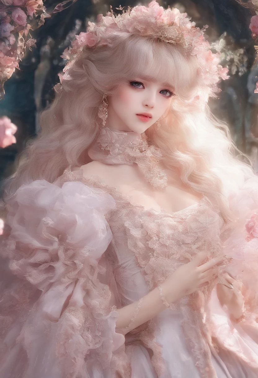 Madame of the French court,Rococo fluffy skirt,(Extremely Delicately Beautiful:1.2),8K,(tmasterpiece:1.0),(Best_quality:1.0),1girll,Mature woman,Complicated details,enlarged textures,Complicated details,Fine eyes and detailed face,Complicated details,(Keep one's mouth shut),perfect eyes,Equal eyes,Perfect body,extremely detailed nipple,Extremely realistic 3D,Raised sexy,brunette color hair,((Very detailed eyes))heal,Delicate eyeliner。long eyelasher,greene eyes,Black pupils,There is starlight in the eyes,Delicate lip detailing,Oil painting quality,Thick painting style,Fantasy Forest,Candy Cottage