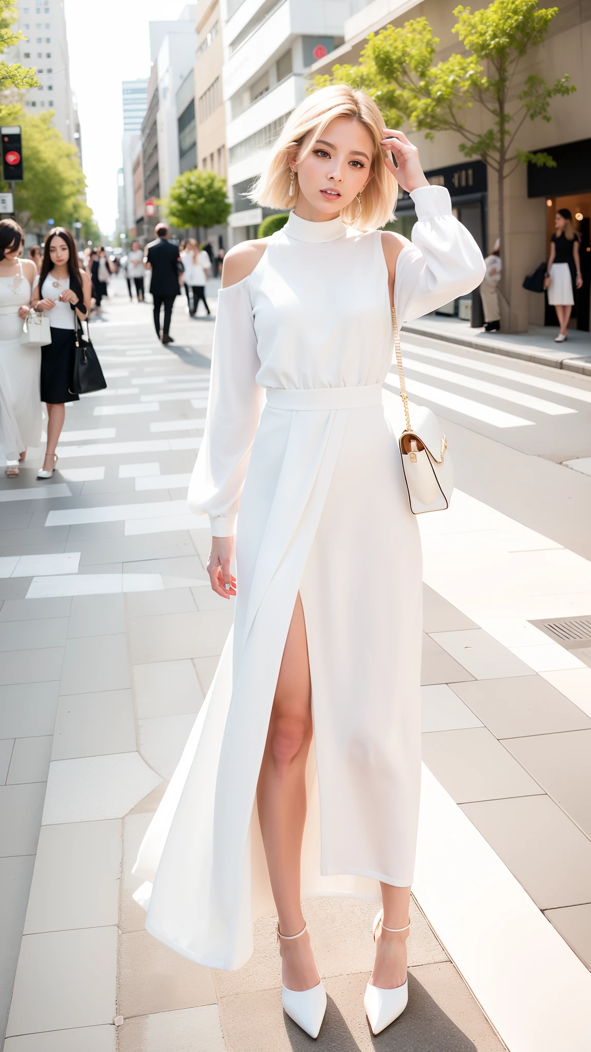 Alafed woman in white top and skirt standing on sidewalk, wearing an elegant outfit, wearing off - white style, wearing stunning ivory dress, neutral tones, white trendy clothes, elegant girl in urban outfit, feminine in pastel shades, white silky outfit, feminine in cute pastel shades, White outfit, Street fashion outfits, Wearing white clothes