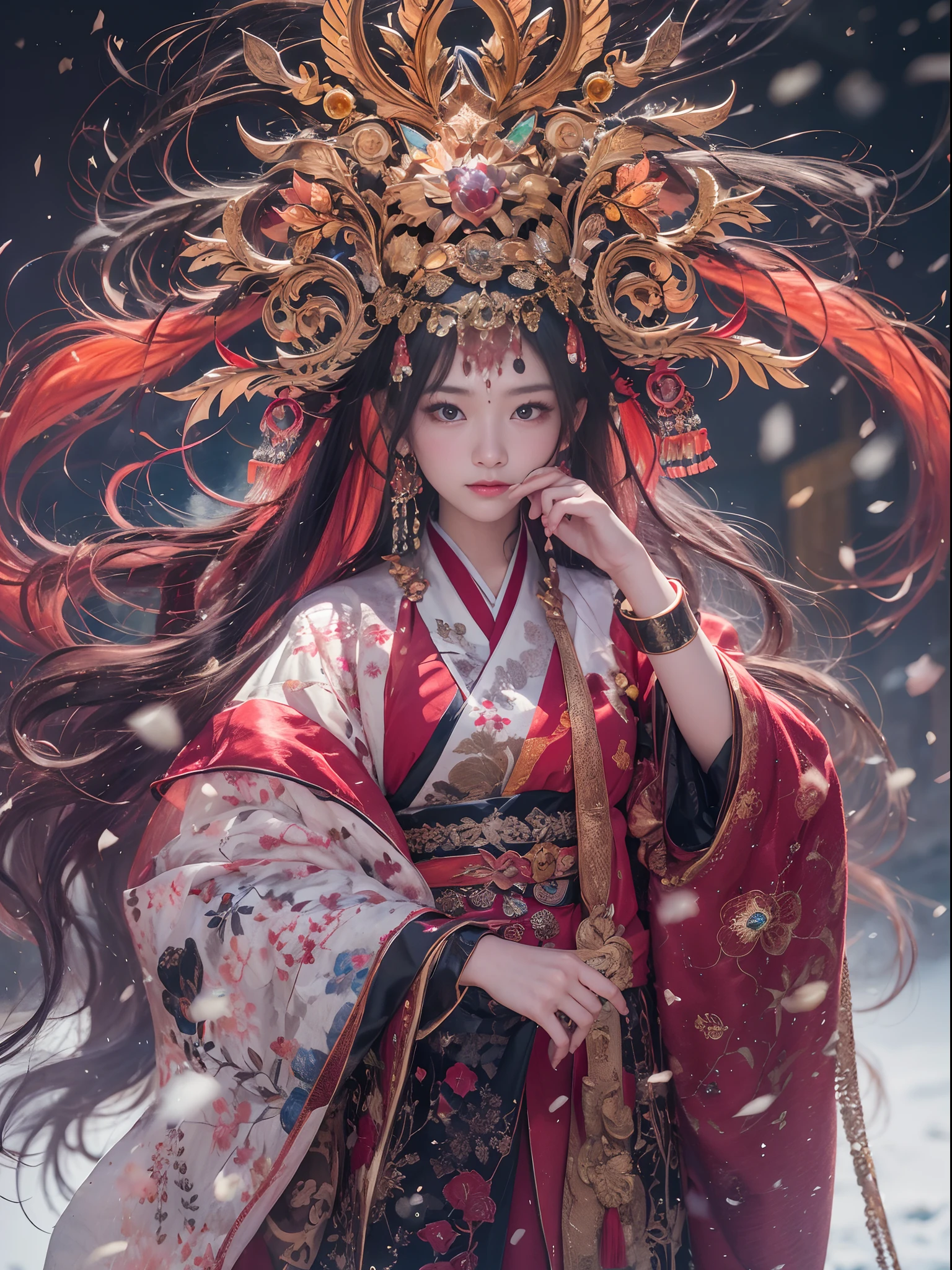 Chinese Tibetan girl, flowing hair, burgundy hair, Onsen District, Flame Girl, Yao Lang protector, python pattern robe, Black gold master Kawashima work headdress, gradient glass texture, ultra-realistic, (masterpiece, hyper HD, 32K), Snowflakes fluttering, high resolution, detailed, RAW photograph, Nikon D850 Film Stock Photo by Jefferies Lee 4 Kodak Portra 400 Camera F1.6 shots, cinestill 800 film, Rich colors, vivid textures, Dramatic lighting, Unreal Engine, trending on ArtStation