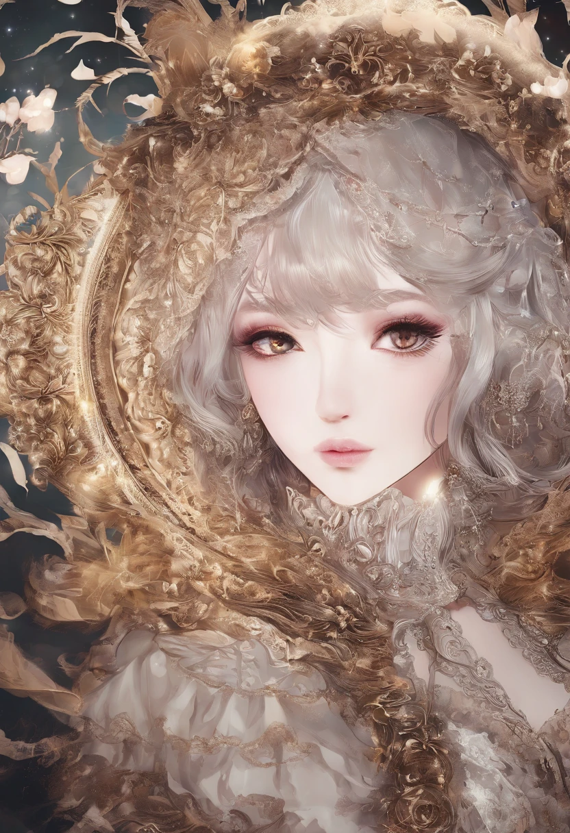 Madame of the French court，Rococo fluffy skirt，（Extremely Delicately Beautiful：1.2），8K，（tmasterpiece：1.0），（Best_quality：1.0），1girll，Mature woman，Complicated details，enlarged textures，Complicated details，Fine eyes and detailed face，Complicated details，（Keep one's mouth shut），perfect  eyes，Equal eyes，Perfect body，extremely detailed nipple，Extremely realistic 3D，Raised sexy，brunette color hair，（（Very detailed eyes））heal，Delicate eyeliner。long eyelasher，greene eyes，Black pupils，There is starlight in the eyes，Delicate lip detailing，Oil painting quality，Thick painting style，Fantasy Forest，Candy Cottage