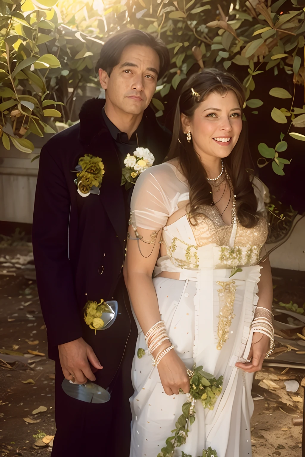 there are two people standing together in a photo, wedding photo, photo taken in 90s,change background,beautiful background, lovely couple, momma and papa,sunlight, realistic, hyper realistic