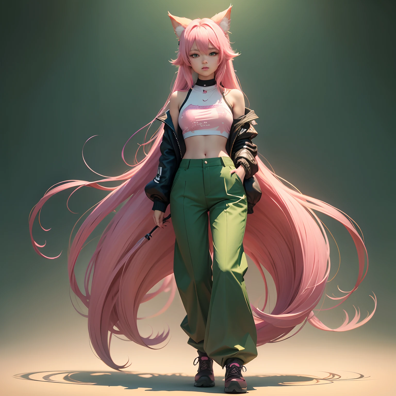 1girl, animal_ears, long pants, full body view, wide angle, gradient, gradient_background, green_background, looking_at_viewer, pink_hair, solo by JM