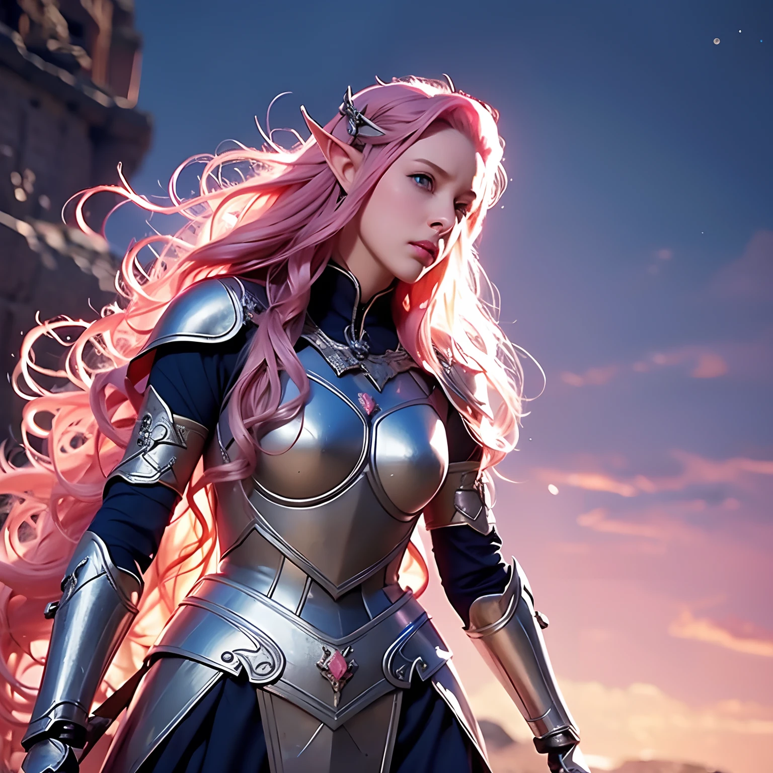 one woman, long curly hair, pink hair, blue eyes, wearing armor, defeated, medieval background, sad, combat stance, elf