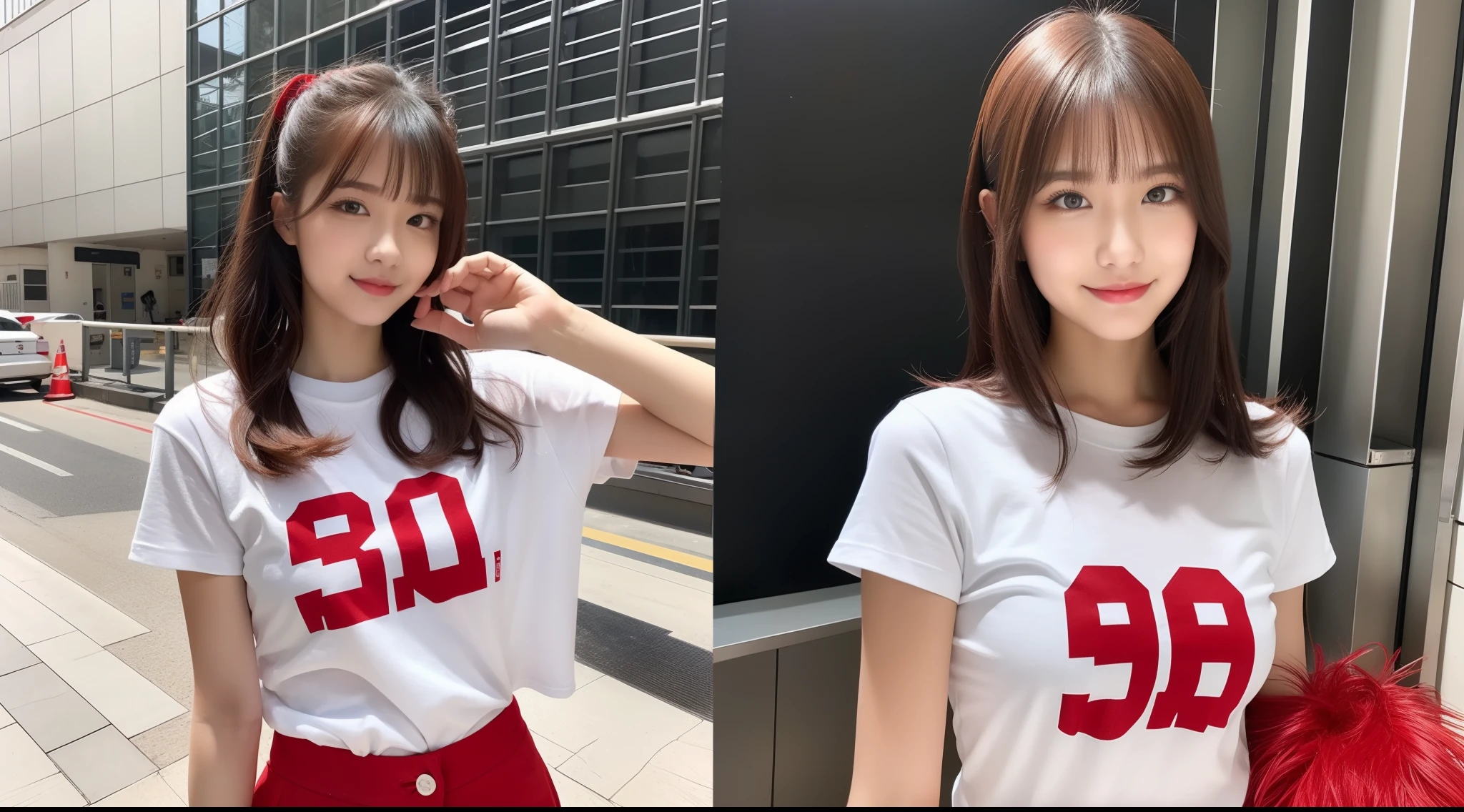 18-year-old cheergirl in white tee shirt and red miniskirt