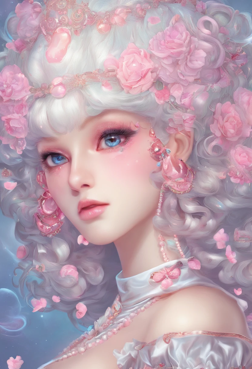 Madame of the French court，Rococo fluffy skirt，（Extremely Delicately Beautiful：1.2），8K，（tmasterpiece：1.0），（Best_quality：1.0），1girll，Mature woman，Complicated details，enlarged textures，Complicated details，Fine eyes and detailed face，Complicated details，（Keep one's mouth shut），perfect  eyes，Equal eyes，Perfect body，extremely detailed nipple，Extremely realistic 3D，Raised sexy，brunette color hair，（（Very detailed eyes））heal，Delicate eyeliner。long eyelasher，greene eyes，Black pupils，There is starlight in the eyes，Delicate lip detailing，Oil painting quality，Thick painting style，Fantasy Forest，Candy Cottage