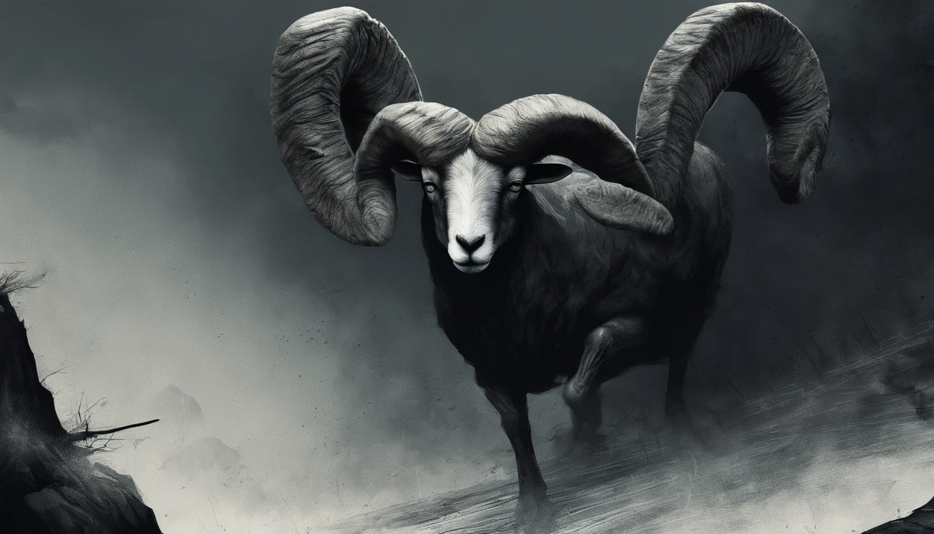 /imagine prompt: A ram jumps down a steep cliff，This was followed by a flock of sheep jumping down。 artwork of a, mixed media, Combine digital painting with traditional painting，For actions, Dynamic and detailed, --AR 16:9 --V 5