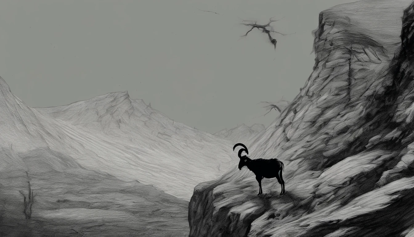 /imagine prompt: A ram jumps down a steep cliff,This was followed by a flock of sheep jumping down。 artwork of a, mixed media, Combine digital painting with traditional painting,For actions, Dynamic and detailed, --AR 16:9 --V 5