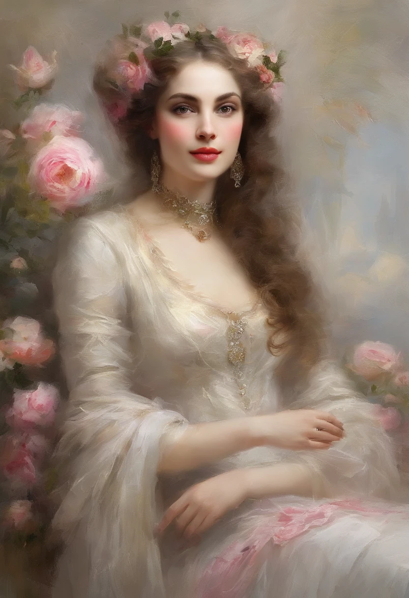 Madame of the French court,Rococo fluffy skirt,(Extremely Delicately Beautiful:1.2),8K,(tmasterpiece:1.0),(Best_quality:1.0),1girll,Mature woman,Complicated details,enlarged textures,Complicated details,Fine eyes and detailed face,Complicated details,(Keep one's mouth shut),perfect eyes,Equal eyes,Perfect body,extremely detailed nipple,Extremely realistic 3D,Raised sexy,brunette color hair,((Very detailed eyes))heal,Delicate eyeliner。long eyelasher,greene eyes,Black pupils,There is starlight in the eyes,Delicate lip detailing,Oil painting quality,Thick painting style,Fantasy Forest,Candy Cottage