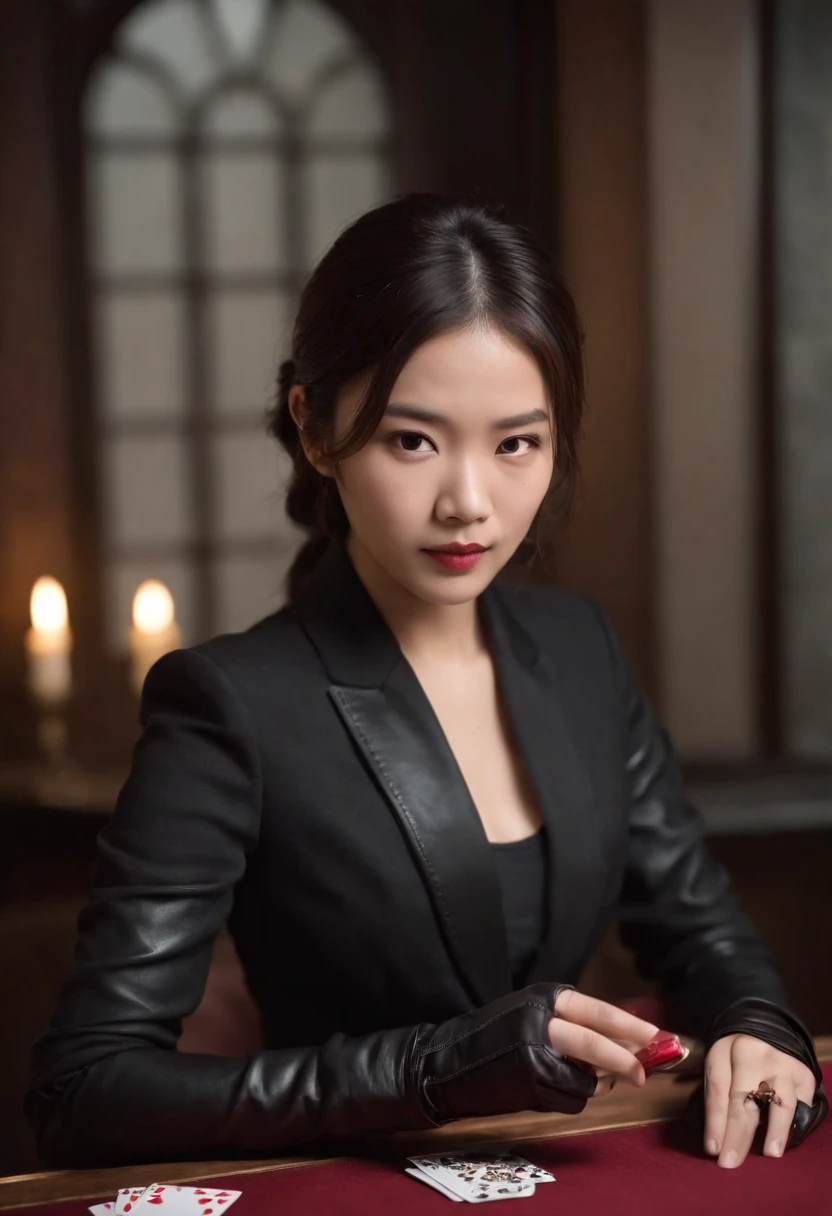 A young Japanese woman with a black suit up to a shirt and playing cards with black leather gloves on both hands