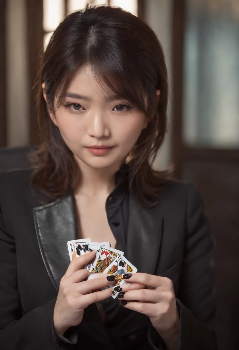 A young Japanese woman with a black suit up to a shirt and playing cards with black leather gloves on both hands