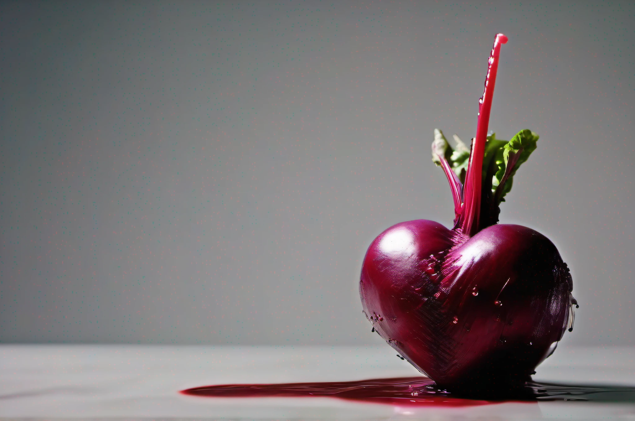 A closeup photograph of a single beetroot with the shape of an actual human heart organ kept steadily on a table surface, stem of the beetroot pos up from the heart, red color water drops scattered on the table surface, shallow depth of field, volumetric lighting, dark room, realistic, high resolution, 4k.