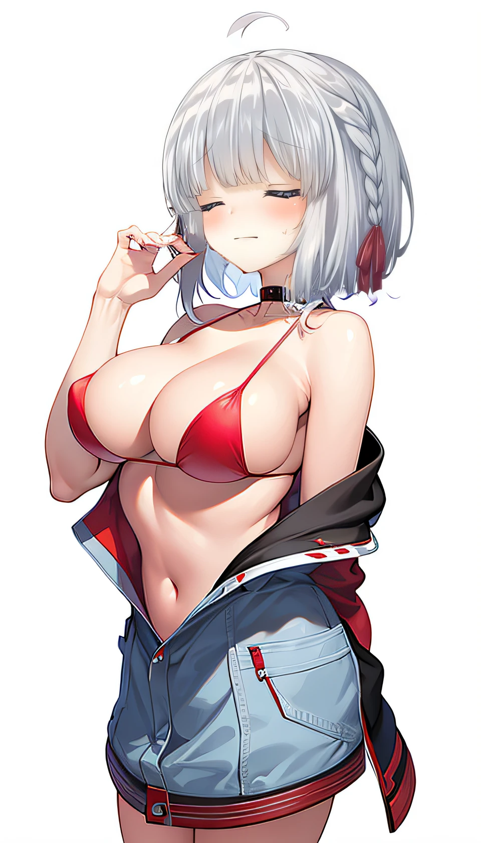 Red bikini、Colossal tits、(((masterpiece)))、(top-quality)、tre anatomically correct、(Best Quality:1.3), Large breasts, cleavage, shinny skin、Soft skin、shorth hair、an anime girl、Bare arms、bared legs、a choker、parka、Put your arms together、Bring your chest together