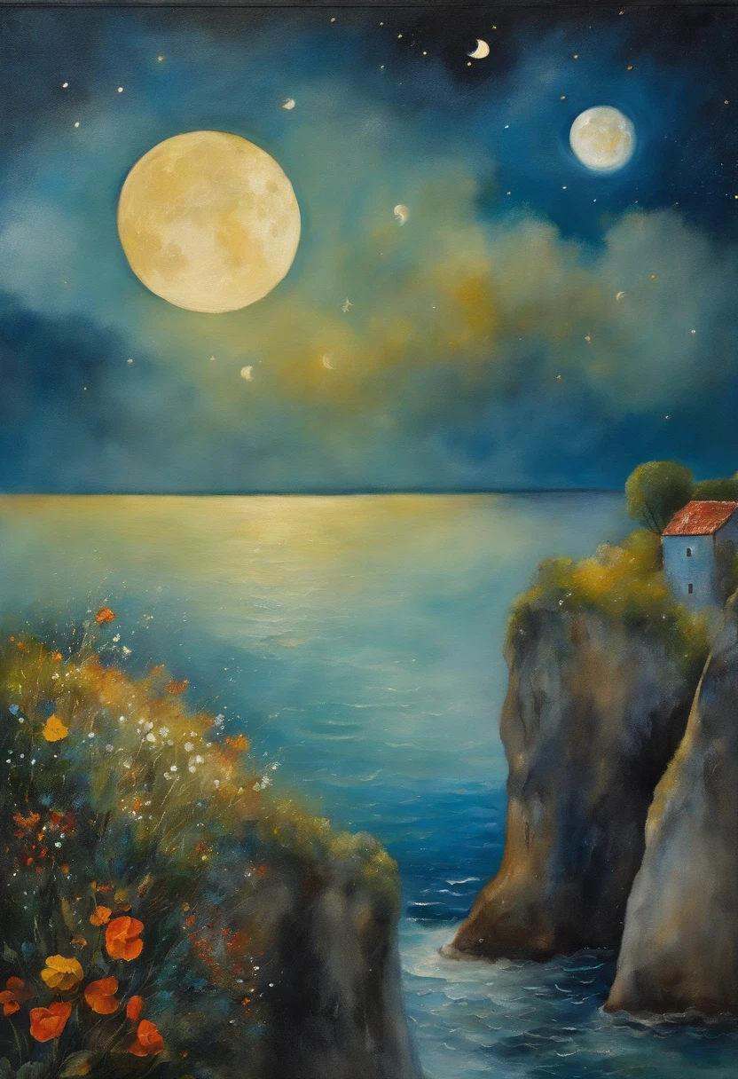 abstract painting|ART|Artistically| Marc Chagall |On a cliff overlooking the sea surrounded by glowing fireflies(Under the full moon)Standing in the ethereal&lt;br&gt;Magical Lady|(highcontrast:1.5) |dream-like |PastelColors|watercolor paiting |(intricate-detail:1.2) |8K分辨率| Artwork inspired by Marc Chagall