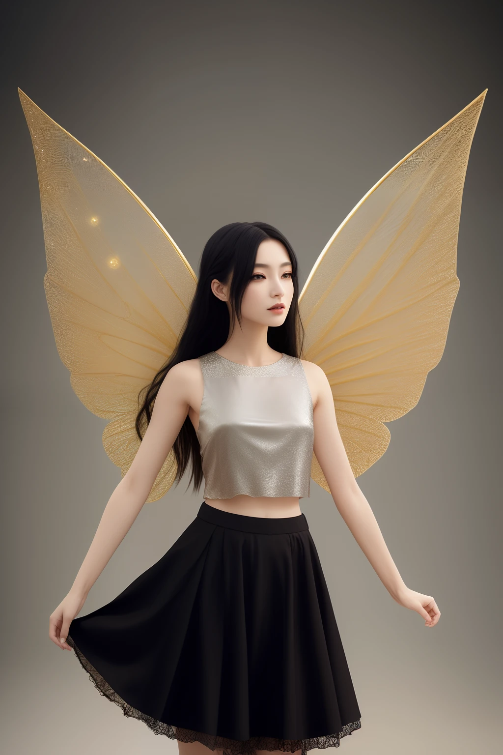 Dream fairy from Neverland with long brownish black hair in a side braid and dark eyes with long lashes and porcelain white skin wearing silver and gold translucent silk top and asymmetrical skirt, wings