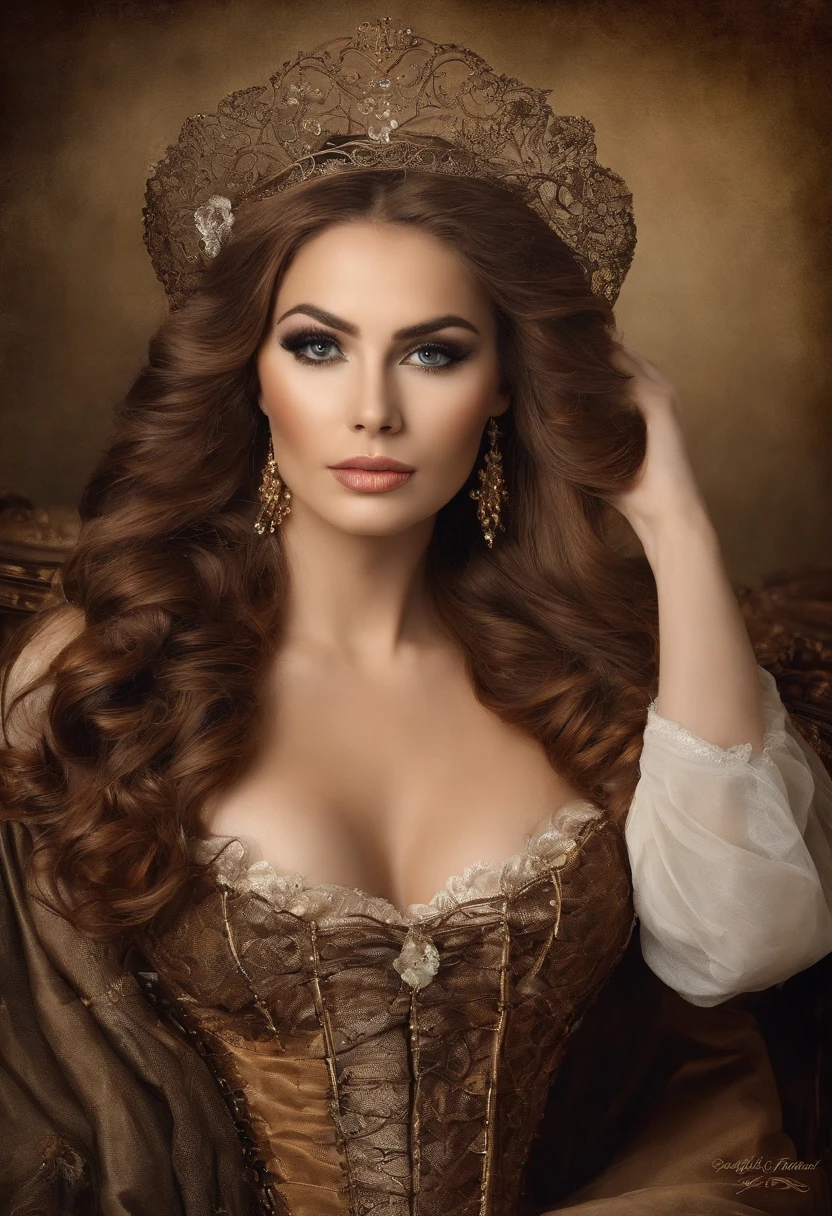 Madame of the French court,Rococo fluffy skirt,(Extremely Delicately Beautiful:1.2),8K,(tmasterpiece:1.0),(Best_quality:1.0),1girll,Mature woman,Complicated details,enlarged textures,Complicated details,Fine eyes and detailed face,Complicated details,(Keep one's mouth shut),perfect eyes,Equal eyes,Perfect body,extremely detailed nipple,Extremely realistic 3D,Raised sexy,brunette color hair,((Very detailed eyes))heal,Delicate eyeliner。long eyelasher,greene eyes,Black pupils,There is starlight in the eyes,Delicate lip detailing,Oil painting quality,Thick painting style,Fantasy Forest,Candy Cottage