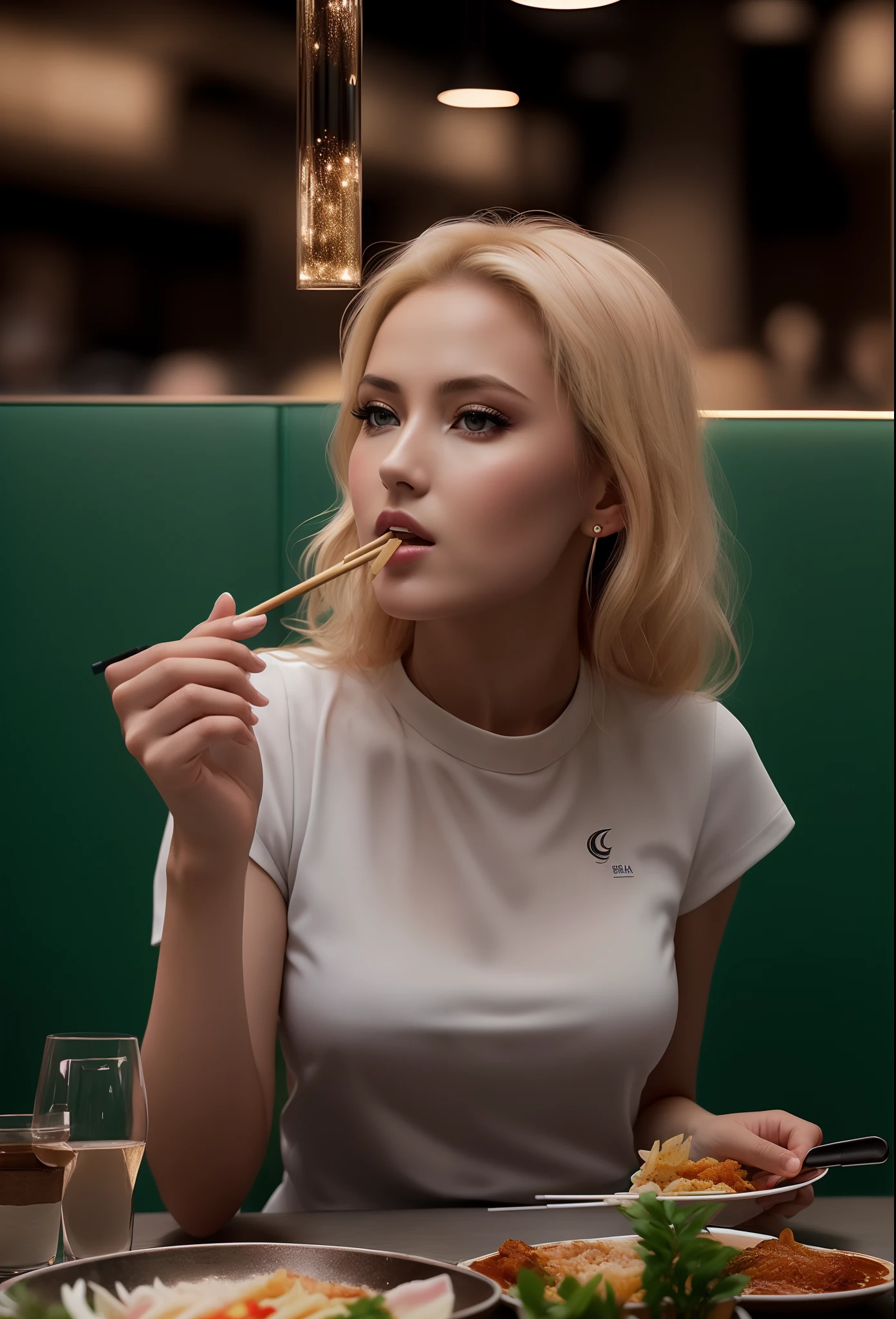 Blonde woman eating a meal in a restaurant with chopsticks in her mouth, Yelena Belova, Irina Nordsol Kuzmina, Anastasia Ovchinnikova, julia gorokhova, Estilo de Julia Razumova, Viktoria Gavrilenko, Anna Nikonova aka Newmilky, Olga Buzova, namorada russa, Alina Ivanchenko, fotografia realista, fotografia, obra-prima, realista, Realismo, renderizado, Alto contraste, Arte Digital, fotográficorealista, trend in Artstation 8k HD, high definiton, circunstanciado, Realistic, detalhada, textura da pele, hiperdetalhada, Textura realista da pele, melhor qualidade, ultra high-resolution, (fotografia realista: 1.4), alta resolução, detalhada, fotografia crua, sharp resolution, Nikon D850 filmes, fotografia de stock 4, Kodak Portra 400 Camera F1 Lens.6, textura hiper realista, lighting dramatic, Unrealistic trend in Artstation Cinestill 800, .RAW.