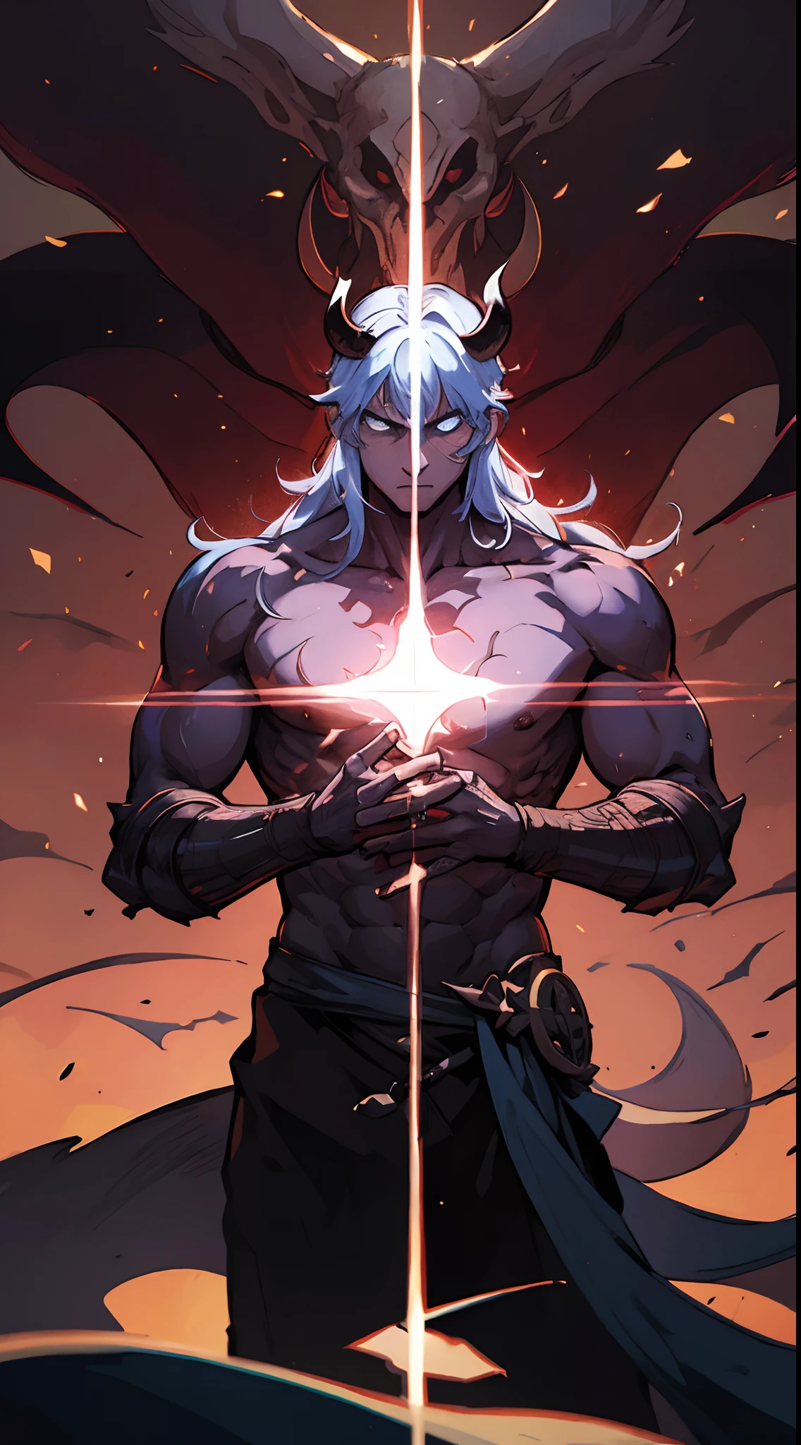 Mascular man, Varus, large bow, purple bow, big bow in hand, deep red and purple glow, dark purple growths across forearms, Purple skin, white hair, red scarf, close up, white eyes, angry, black background, purple light, eyes completely white, black pendant
