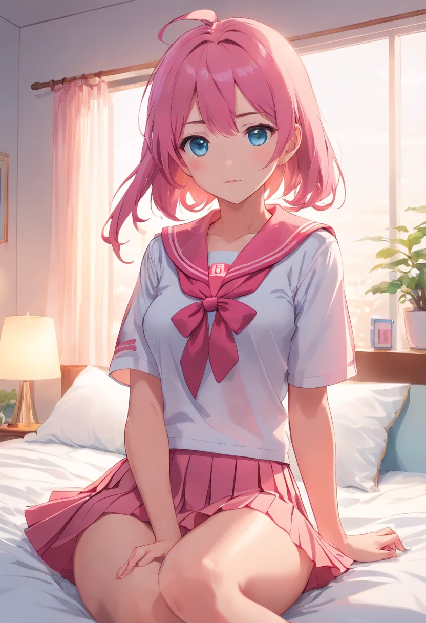 Beautiful illustration、top-quality、Cut s、Bedroom、A pink-haired、long whitr hair、(((Pink pleated skirt)))、(((Pink sailor suit)))、short- sleeved、Colossal tits、a navel、Turn up the skirt with your hands、showing white panties、Pull up the skirt，The reveal panties、Bare legged、eBlue eyes、on top of the bed、Lovely thighs、glowing thigh，Beautiful illustration、top-quality、Cute little girlpink-haired、long whitr hair、(((Pink pleated skirt)))、(((Pink sailor suit)))、short- sleeved、Colossal tits、a navel、Turn up the skirt with your hands、showing white panties、Pull up the skirt，The reveal panties、Bare legged、eBlue eyes、on top of the bed、Lovely thighs、glowing thigh，A sexy，Bed sit，Stick out her tongue，Very wide open mouth