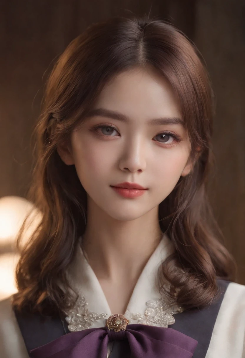 1girl in、Beautiful vintage colors、instagram（Photorealsitic、hight resolution：1.4）、（（Puffy eyes））、Staring at the viewer、、full bodyesbian（8k、RAW Photography、top-quality、​masterpiece：1.2）、（realisitic、Photorealsitic） :1.37)、(foco nítido:1.2)、Professional Writing、photon maping、Radio City、Physically Based Rendering、(de pele branca:1.2)、(small tits:1.2)、Viewer's Perspective、(Middle hair:1.5)、portlate、Purple eye、(silber hair:1.1)、bangss、(symple background:1.4)、独奏、The upper part of the body、realisitic、(​masterpiece:1.4)、(top-quality:1.4)、(glowy skin)、fashionGirl、makeups、a smile(Skinny、Mouth closure、full of shyness:1.3)、(Standing、Black Stewardess Uniform、A Necromancer:1.1)、Medium bust、sexypose、Brown hair、Short Bob、