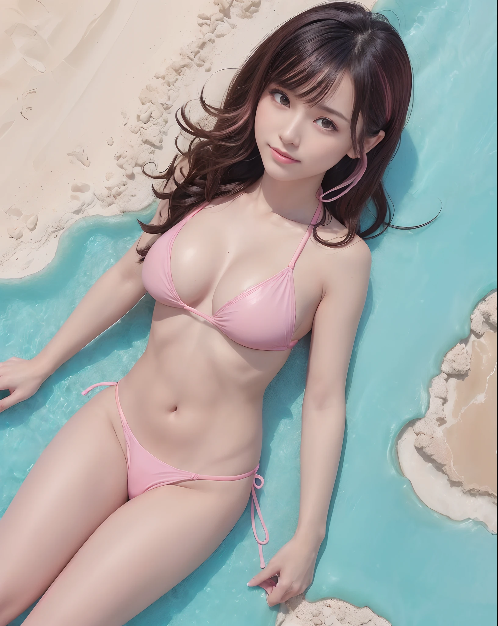 (masutepiece, Best Quality, High resolution, Realistic, Hyper Detailed, superfine illustration), (Perfect Anatomy, Perfect hands:1.8, Perfect legs, Perfect fingers:1.8, Perfect feet:1.8, Perfect navel:1.8), (Very small hands:1.8, very thin fingers:1.8, very small legs:1.8, Very thin toes:1.8), (one japanese woman, 15yo student), (The background is a beautiful coast:1.5), (Wearing a small pink micro bikini :1.8, low rise bikini:2.5), (Bikini digging minola:1.0, Majora sandwiching bikini fabric:1.0, Perfect very hairy pubic hair like mane:3.0, Long and curly pubic hair:2.5, Amount of pubic hair around the perimeter :4.0, Ultra detailed pubic hair:2.0), (laying on back:2.0, spreading legs:1.0, Spread your arms wide:1.5, Showing armpits:1.8), (Huge breasts:1.8, Perfect breasts:1.5, Round udder:2.0), (Perfect face, Round face, hyperdetailed face, Perfect eyes, The perfect tear bag, Symmetrical eyes, Perfect nose, small nose:0.3, thin nose:0.3, Perfect eyelashes, Ultra-detailed eyelashes, Perfect lips:1.8, hyper detailed lips:1.5), (perfect hair:1.8, Very beautiful hairstyle:1.5, ultra-detailed hair:1.8, Short hair), (Shining eyes:1.5, radiant lips:1.5, Shiny hair:1.5),(Female ,Squirting,splasing:1.0), (Fair skin, super-detaild skin), (Looking at Viewer:1.2, Open mouth:1.5,laughing out loud:1.2), (facing straight at viewer, Front view, Low position, low angle shot, Face shot), (Detailed backgrounds:1.5), Beautiful beach with white sand and turquoise sea: 1.5, A beach surrounded by huge coral reefs: 1.2, Magnificent views of the dormant volcano towering over the center of the island: 1.5, A beach with palm trees and hibiscus flowers: 1.5, Gorgeous Navilla: 1.5,