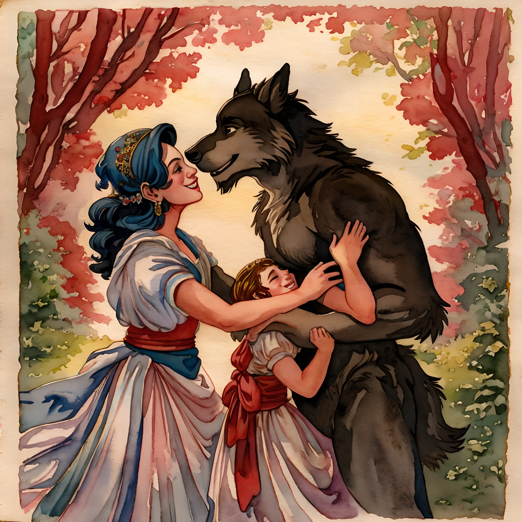 watercolor, soft color, Vintage images, highres, unparalleled masterpiece, absurdres, love story of human girl and giant Werewolf, love romance, The princess and the prince, family photograph, pair, Height difference, Physical difference, perfect anatomy, smile, joyful, play with, smile, happy, watercolor,