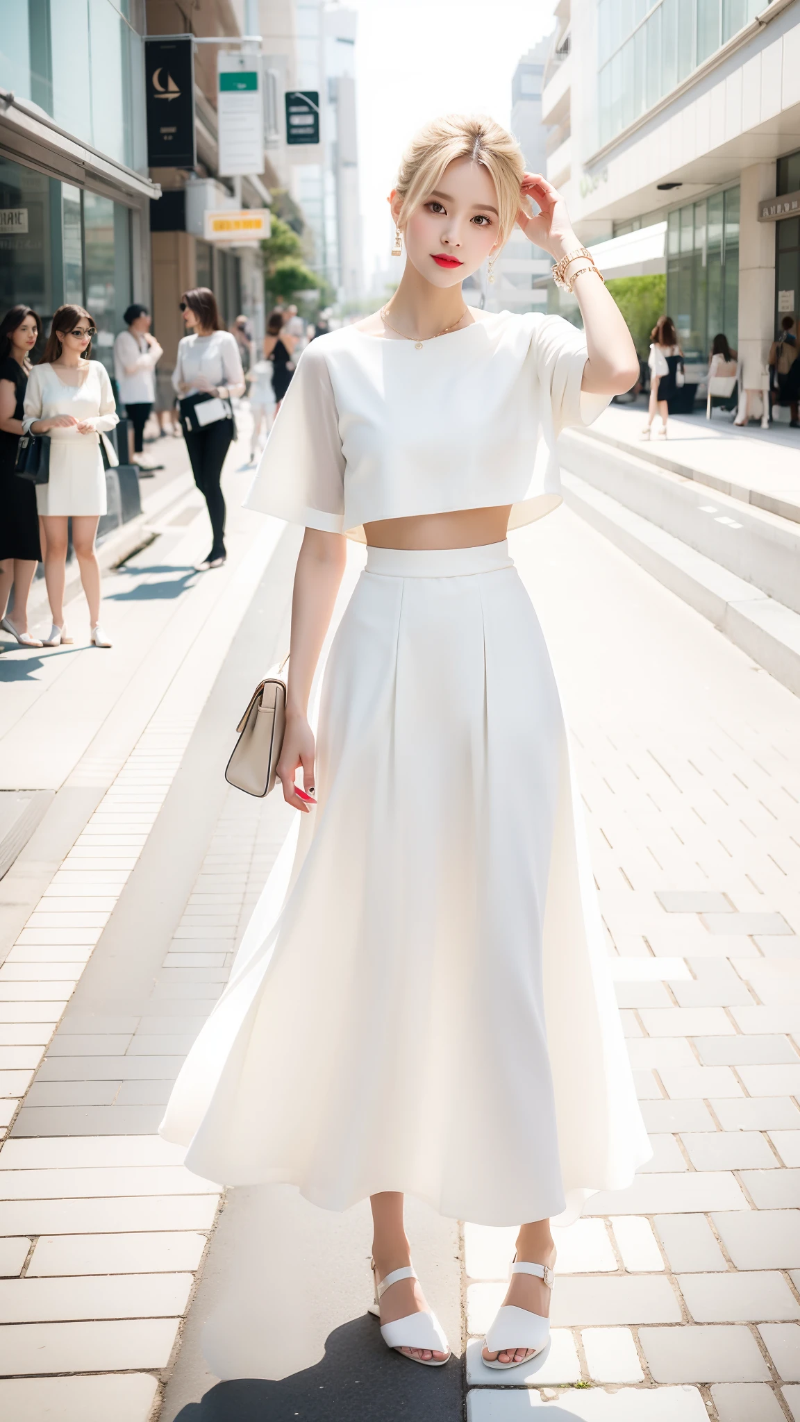 Alafed woman in white top and skirt standing on the sidewalk, wearing an elegant outfit, wearing off - white style, wearing stunning ivory dress, neutral tones, white trendy clothes, elegant girl in urban outfit, feminine in pastel shades, white silky outfit, feminine in cute pastel shades, White outfit, Street fashion outfits, Wearing white clothes