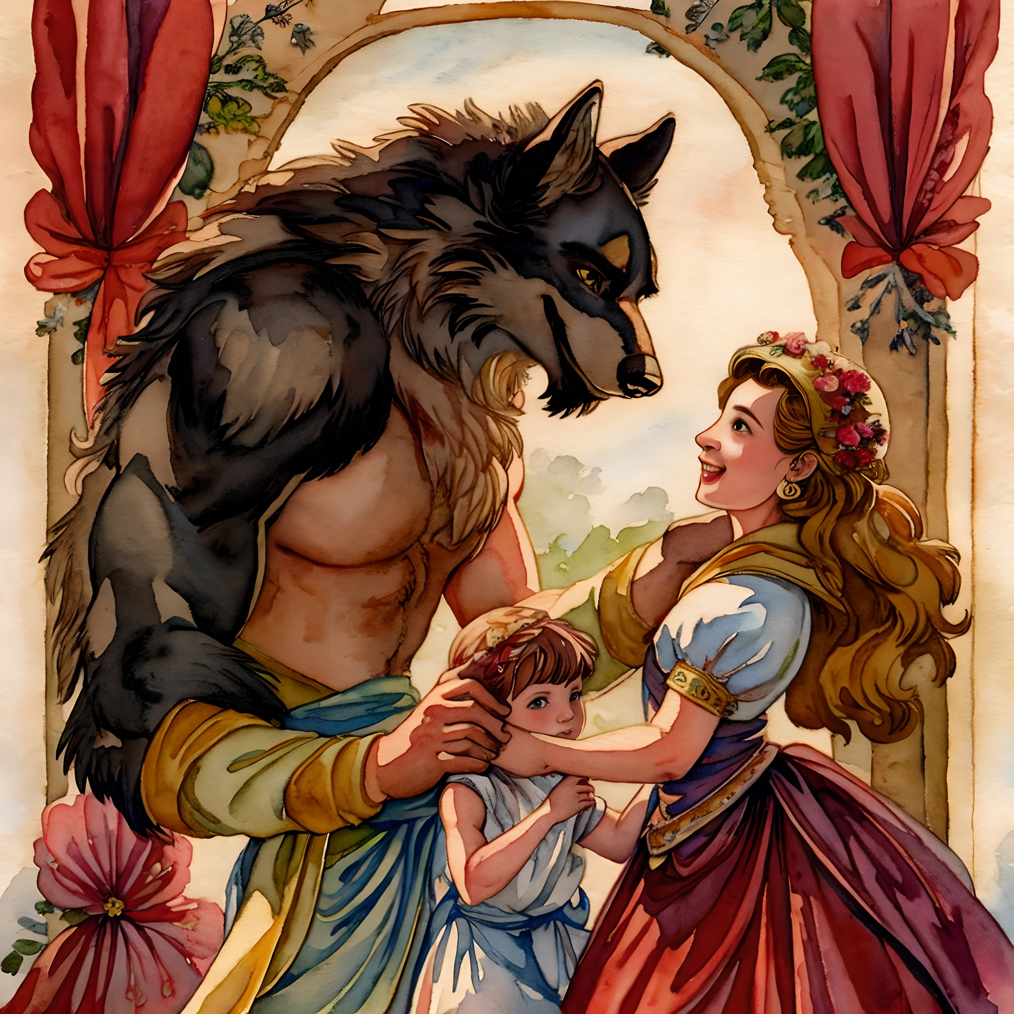 watercolor, soft color, Vintage images, highres, unparalleled masterpiece, absurdres, love story of human Child girl and giant Werewolf, love romance, The princess and the prince, family photograph, pair, Height difference, Physical difference, perfect anatomy, smile, joyful, play with, smile, happy, watercolor,