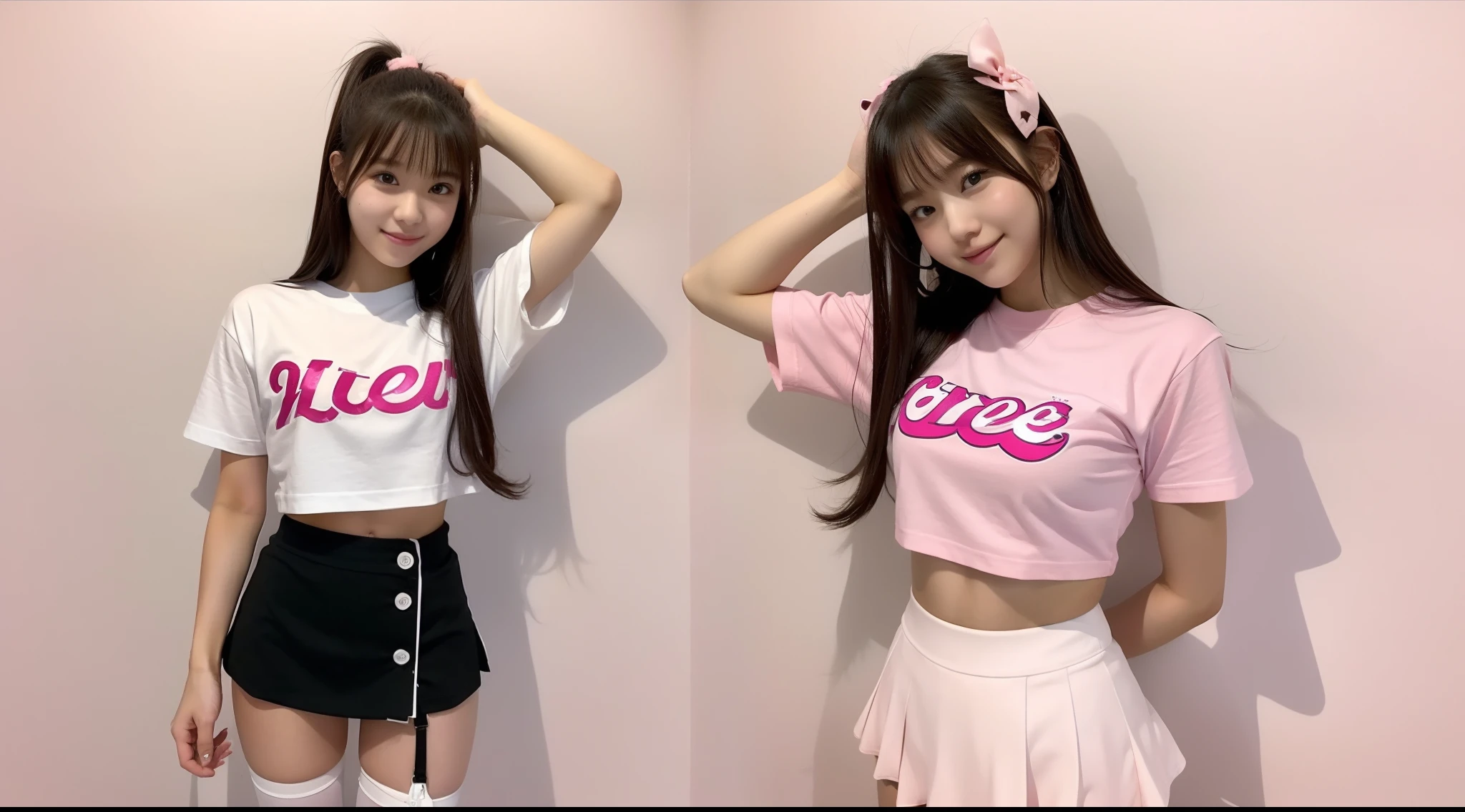 18-year-old cheergirl in a pink miniskirt(T-shirt wearing)