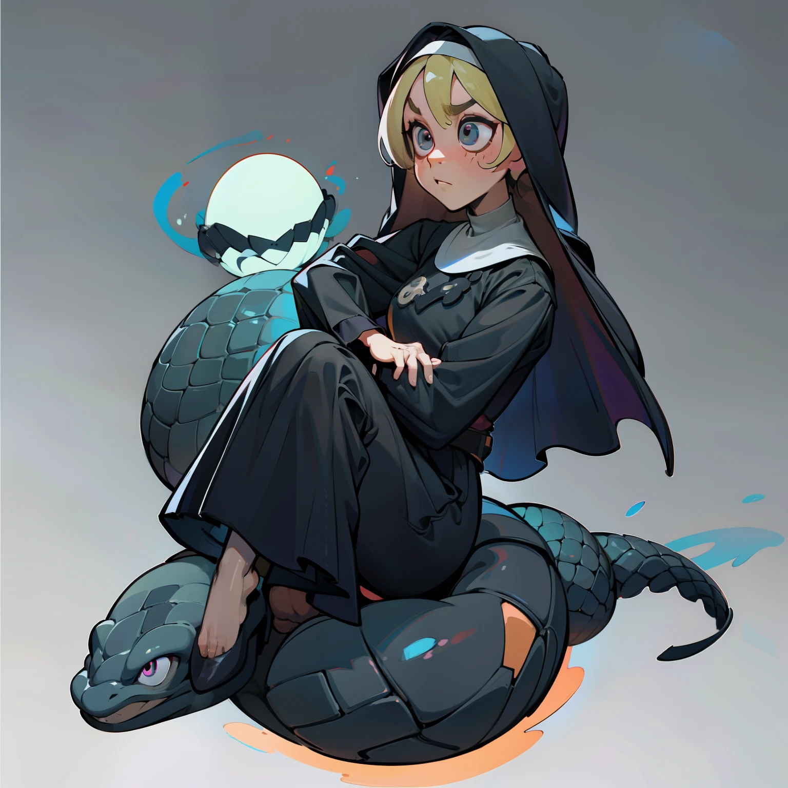 masutepiece, Best Quality, 4K, 超A high resolution, ultra-detailliert, High resolution, Ultra HD, sophisticated details, Backlight, ((Full body shot)), ((No background)), ((White background)), Praying Nun, Chibi, Has a glowing round orb, snake-like eyes, gray skin color, scale skin,