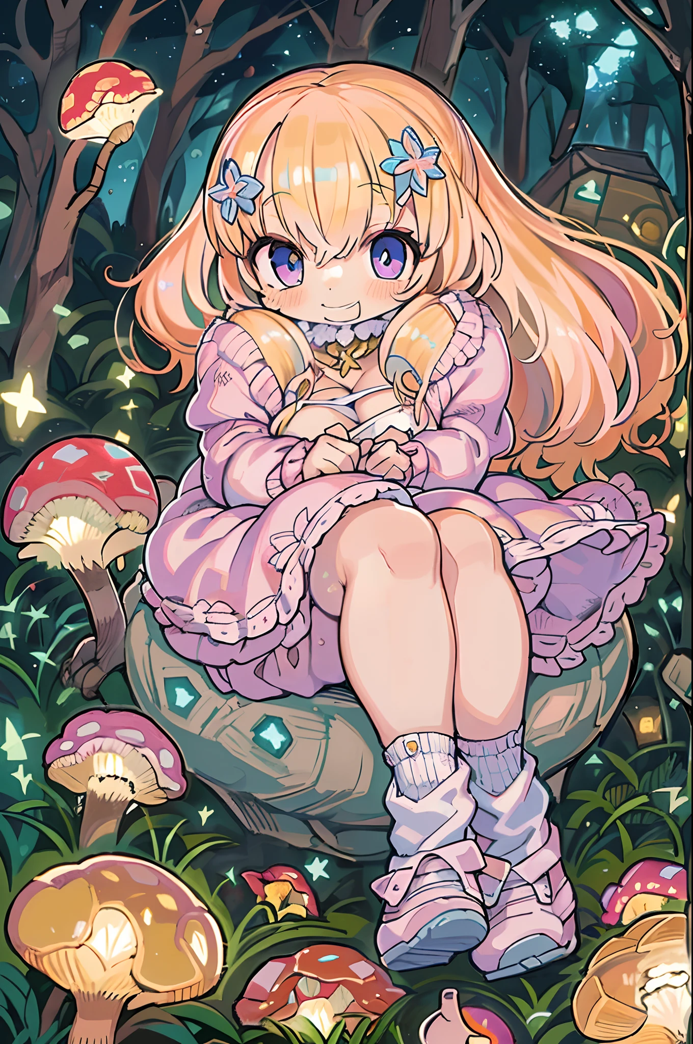 Anime girl with bright blonde hair with pale blue-violet eyes wearing a pink off-shoulder puffy sleeve dress and knee-length white boots is、Sitting in the forest next to an orange mushroom surrounded by fireflies under the stars ,huge-breasted、(((bbw))),Large Thigh,A big smile