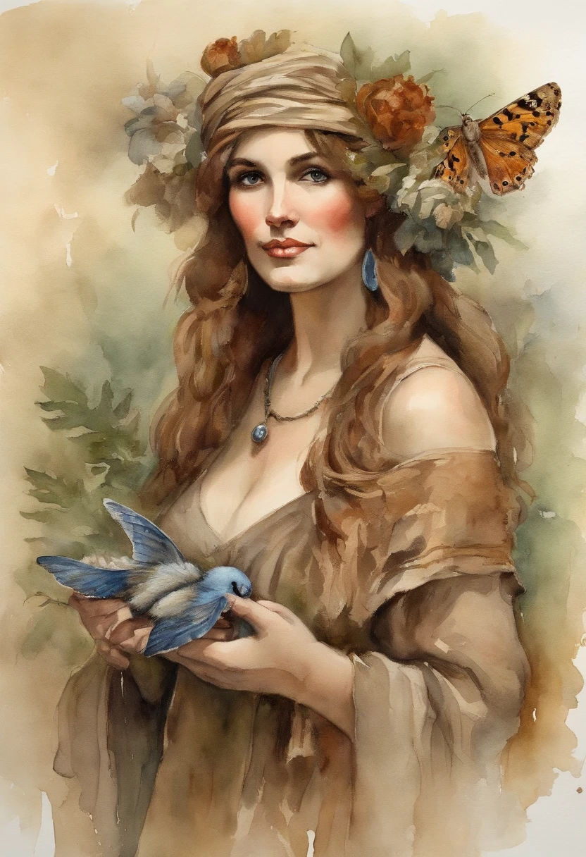 william water house  style painting  pretty buxom maiden  holding a brown moth