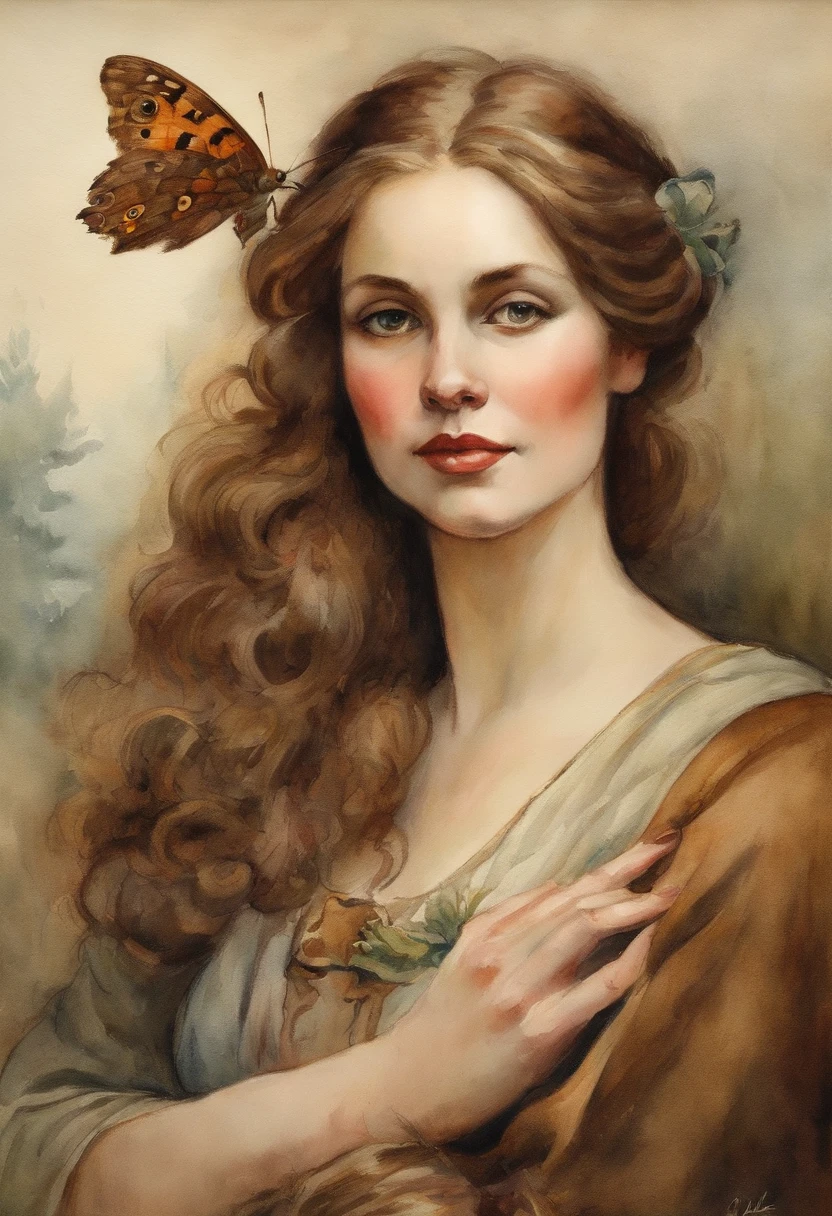 william water house  style painting  pretty buxom maiden  holding a brown moth