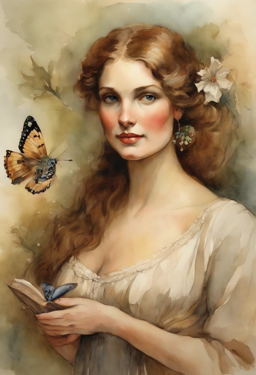 william water house  style painting  pretty buxom maiden  holding a brown moth