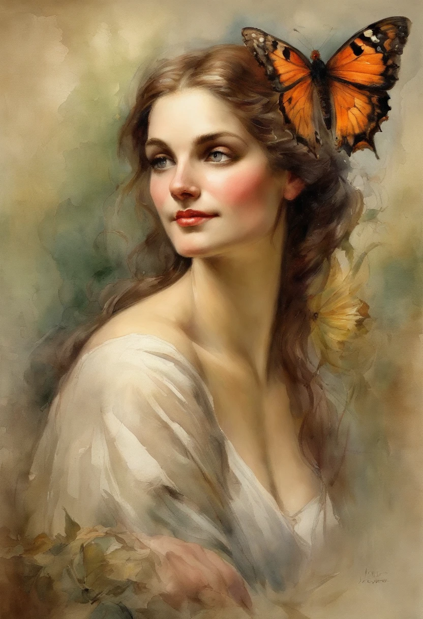 william water house  style painting  pretty buxom maiden  holding a brown moth