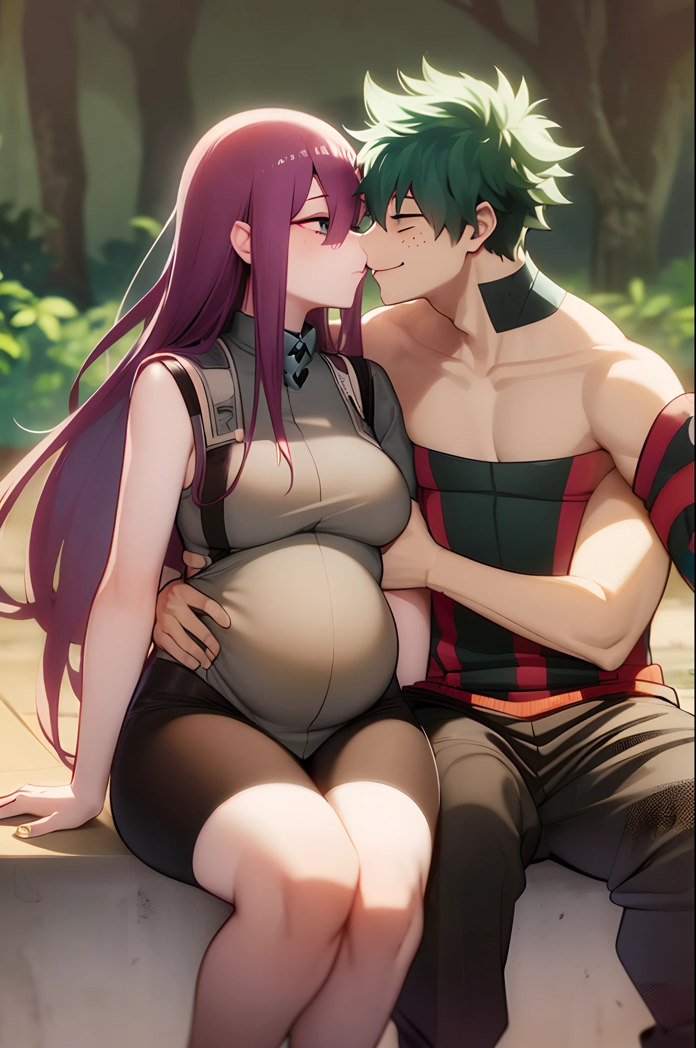 zero two, 1girl, zero two naked_shirt,vest_print:, izuku from bnha, izuku and zero two being a lovey dovey couple very affective in a beach, izuku with pants and pullover, love , happy, ,1girl,, ,sitting, standing, french kiss, kissing, 1boy, couple, husband and wife, happy, hug, pregnant zero two, chair, zero two pregnant