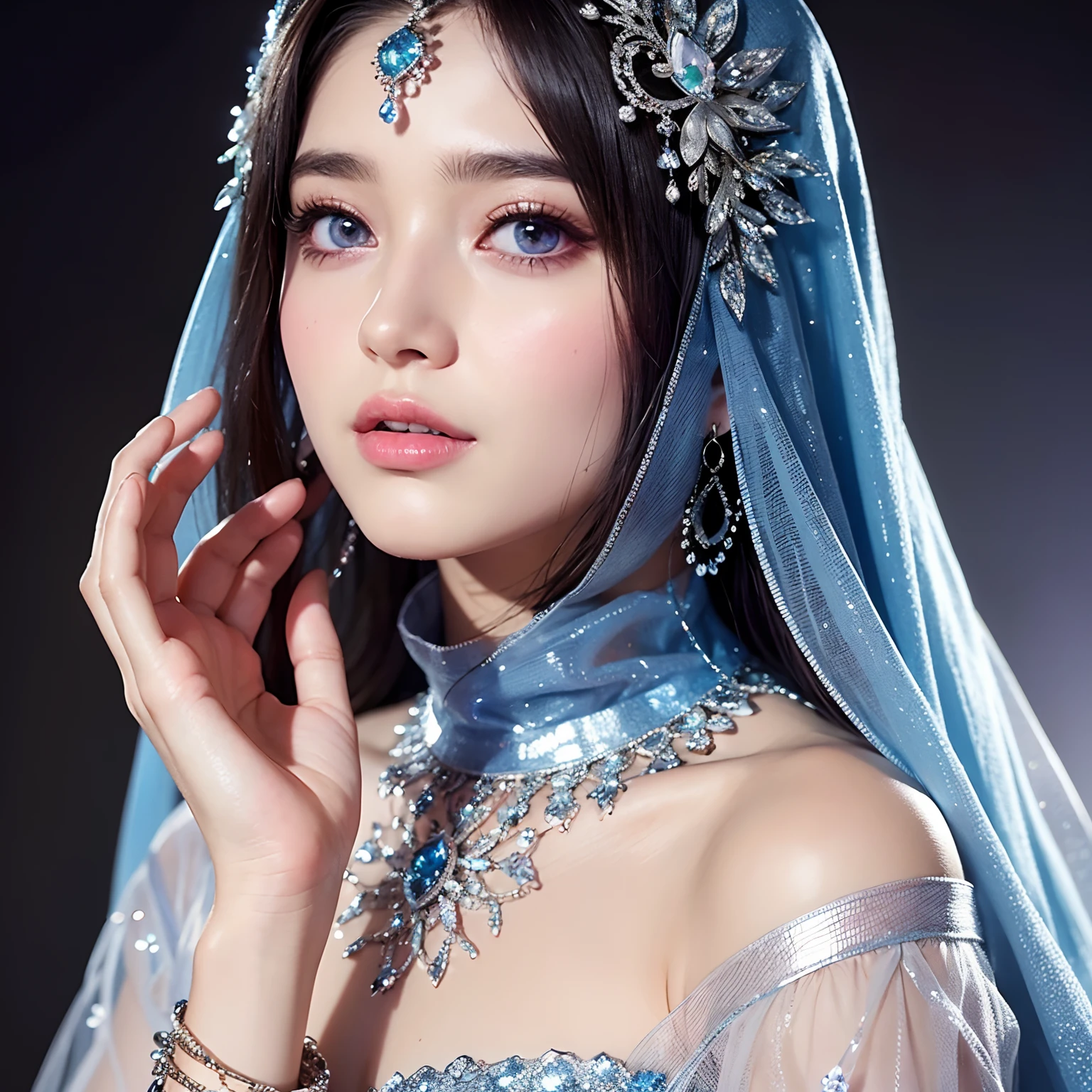 Very Beautiful princesse glowing crystal eyes hyper realistic super detailed face with respectable islamic dress face portrait