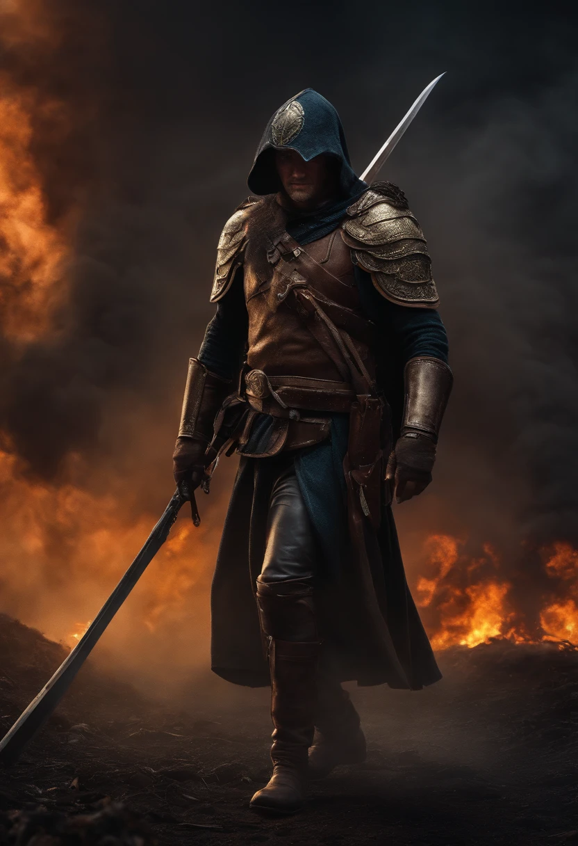 Realistic, 4k, cinemactic, um anjo com grandes asas nas costas, roupas pretas, uma espada, a hood on the head in the background image of the war (caos), master part