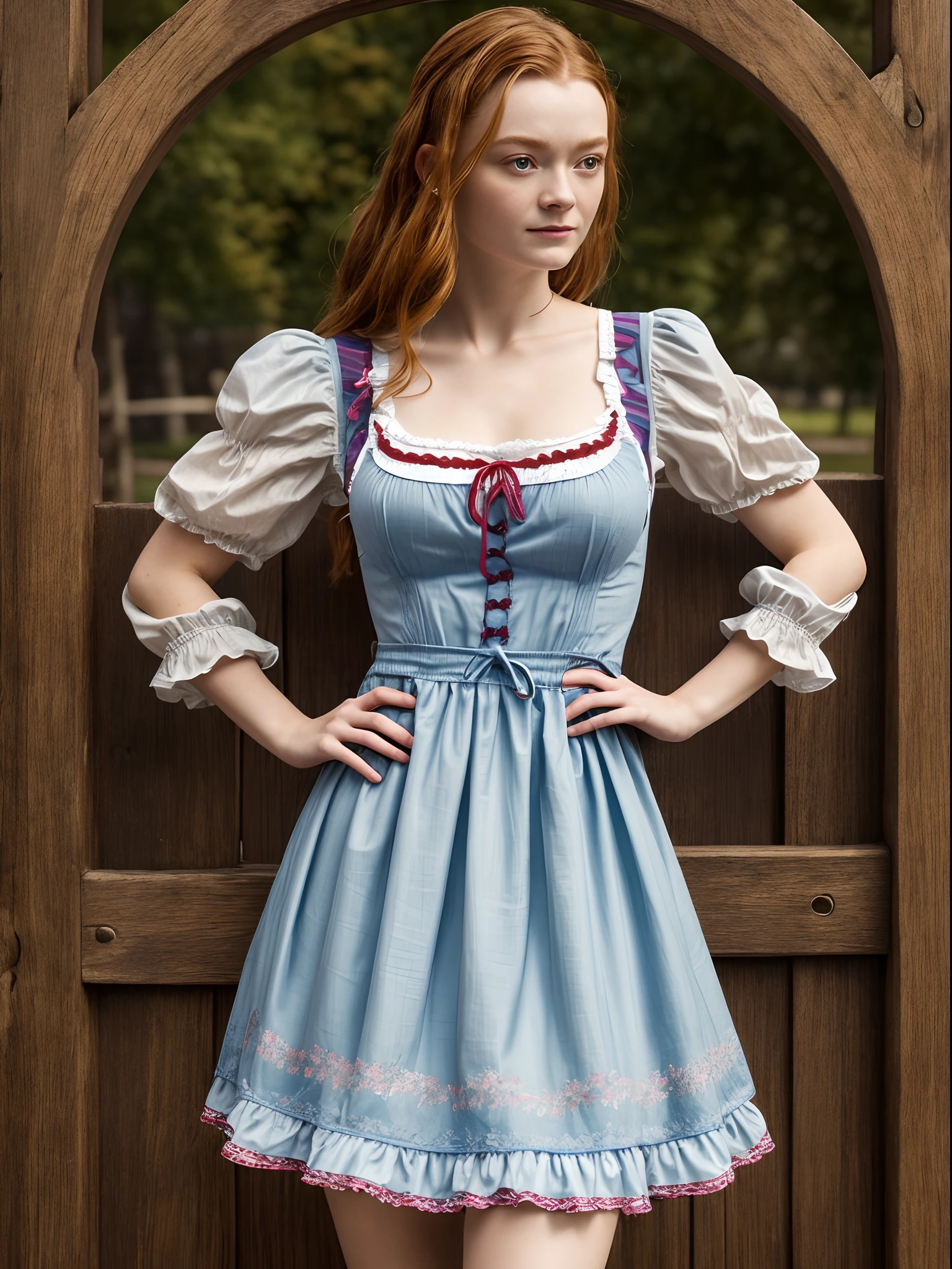Sadie Sink, dirndl, Oktoberfest, ultra detailed, ultra realistic, detailef background