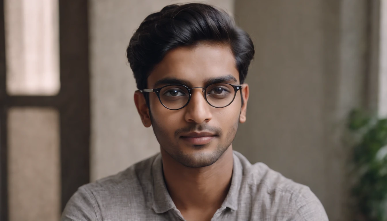 Indian man,20 years of age, spectacles, looking at the camera,cute,smart, realistic,8k,hyper realistic