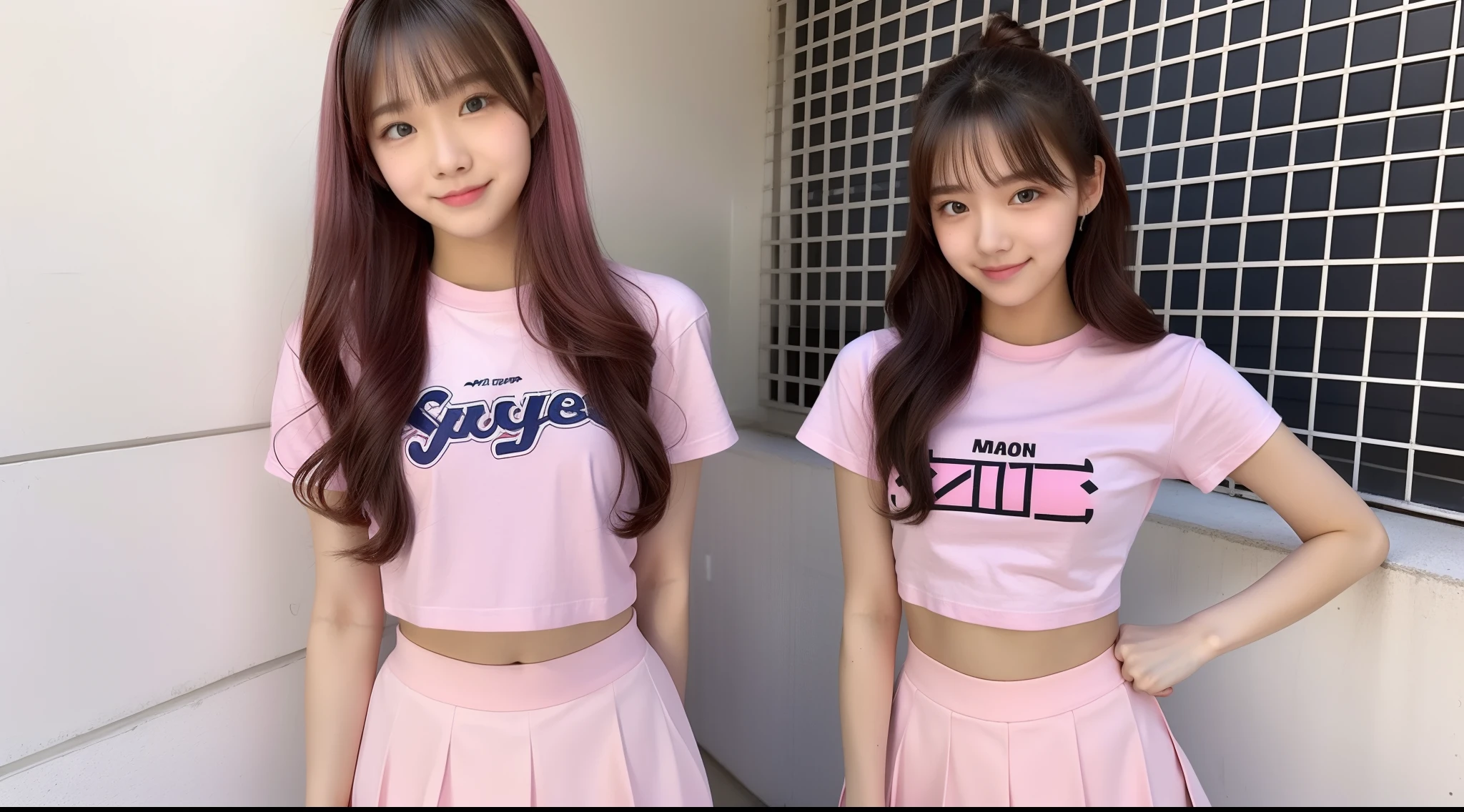 18-year-old cheergirl in a pink miniskirt(T-shirt wearing)