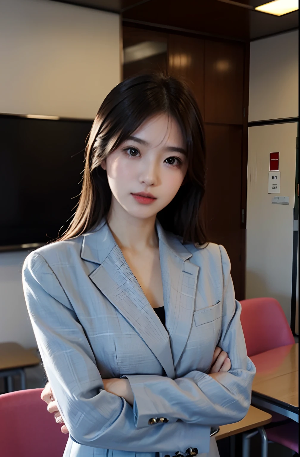 1人、独奏、Parting lips、Officelady、Business suits、sky line、school classrooms、With your arms crossed behind your head、looking at viewert、