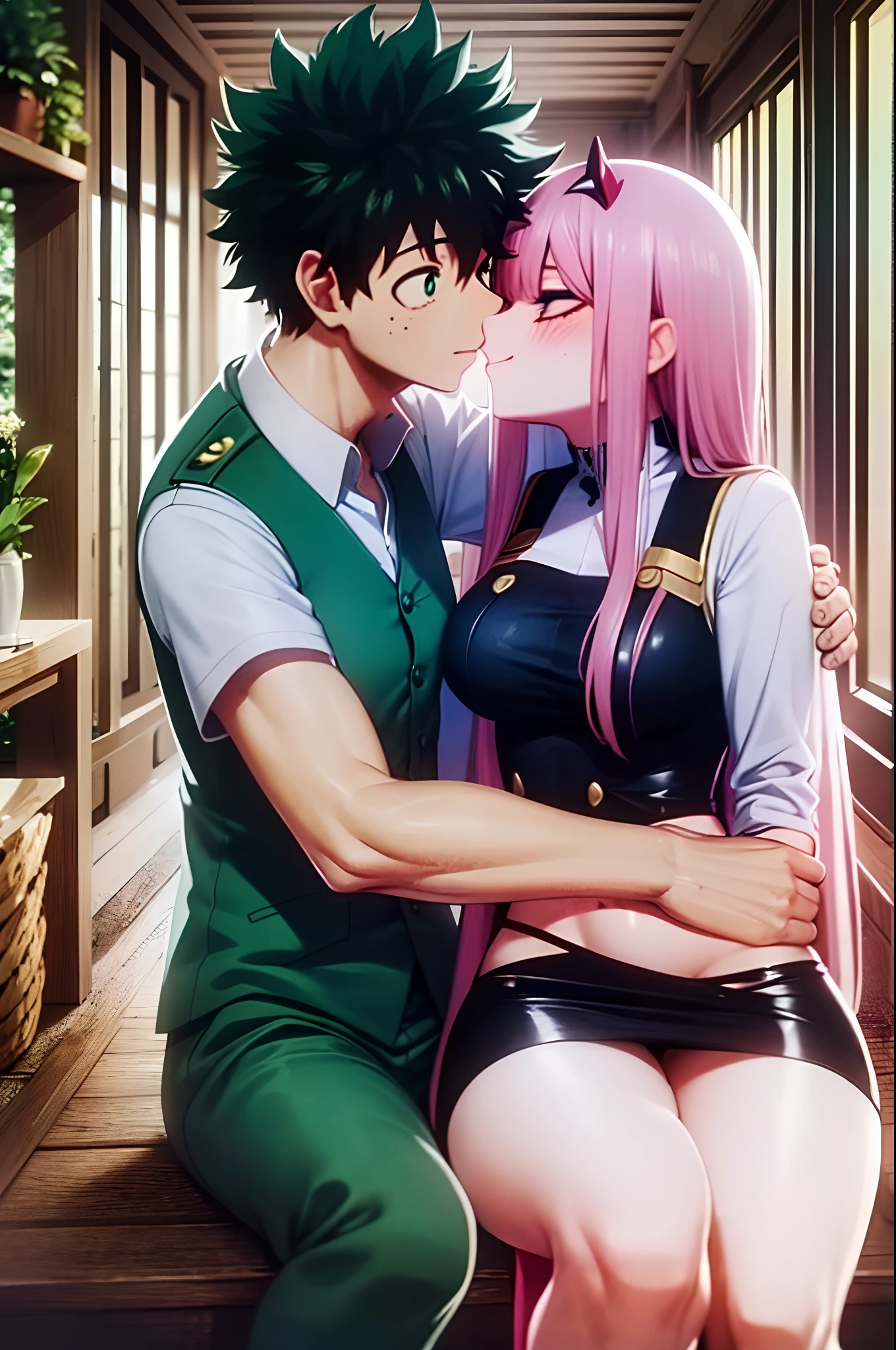 zero two, 1girl, zero two naked_shirt,vest_print:, izuku from bnha, izuku and zero two being a lovey dovey couple very affective in a beach, izuku with pants and pullover, love , happy, ,1girl,, ,sitting, standing, french kiss, kissing, 1boy, couple, husband and wife, happy, romantic kiss, passionated kiss, hug, pregnan zero two